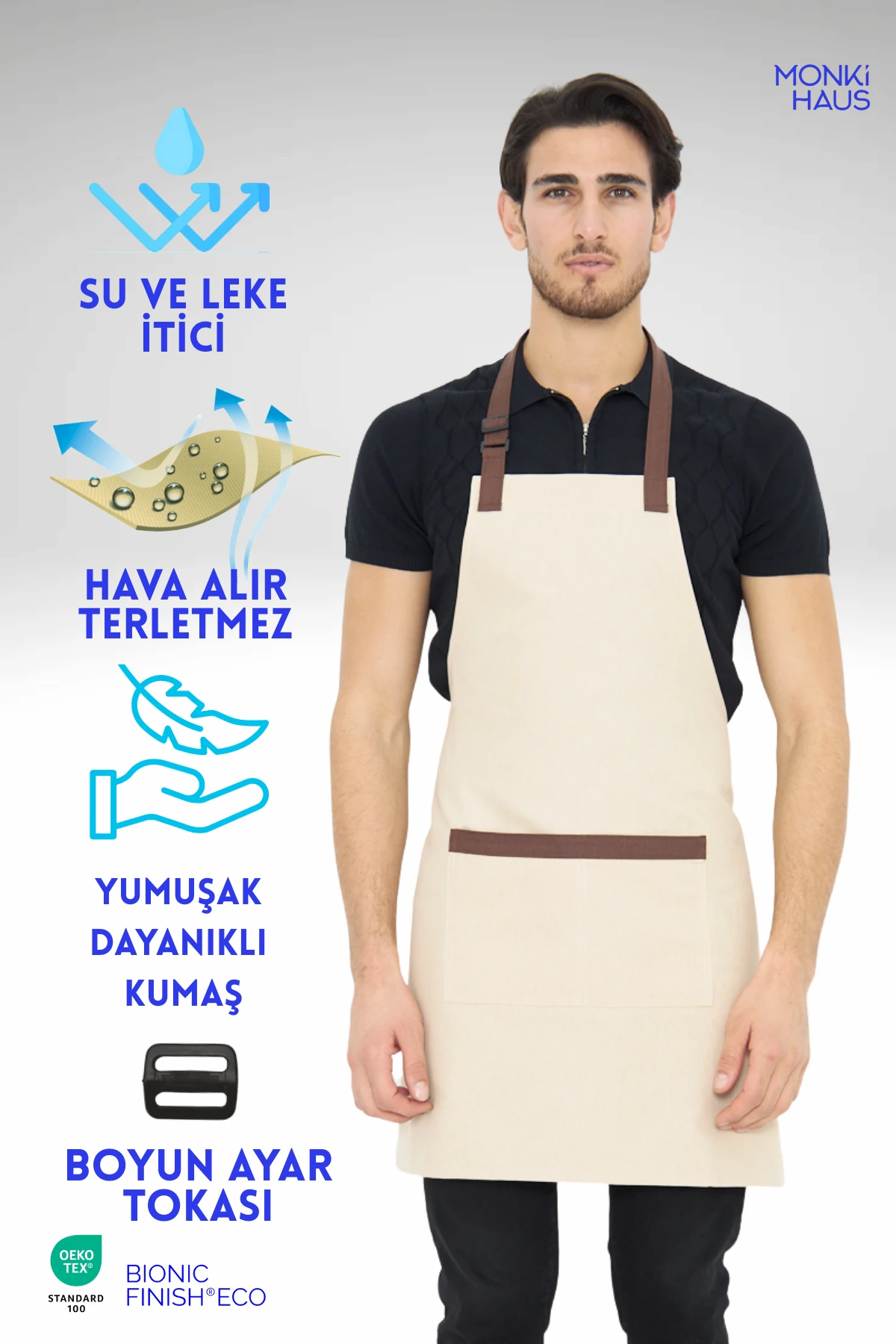 Su İtici Leke Tutmaz Kafe Barista Seramik Pasta Aşçı Garson Çiçekçi Restoran Cafe Apron Erkek Önlük - bej