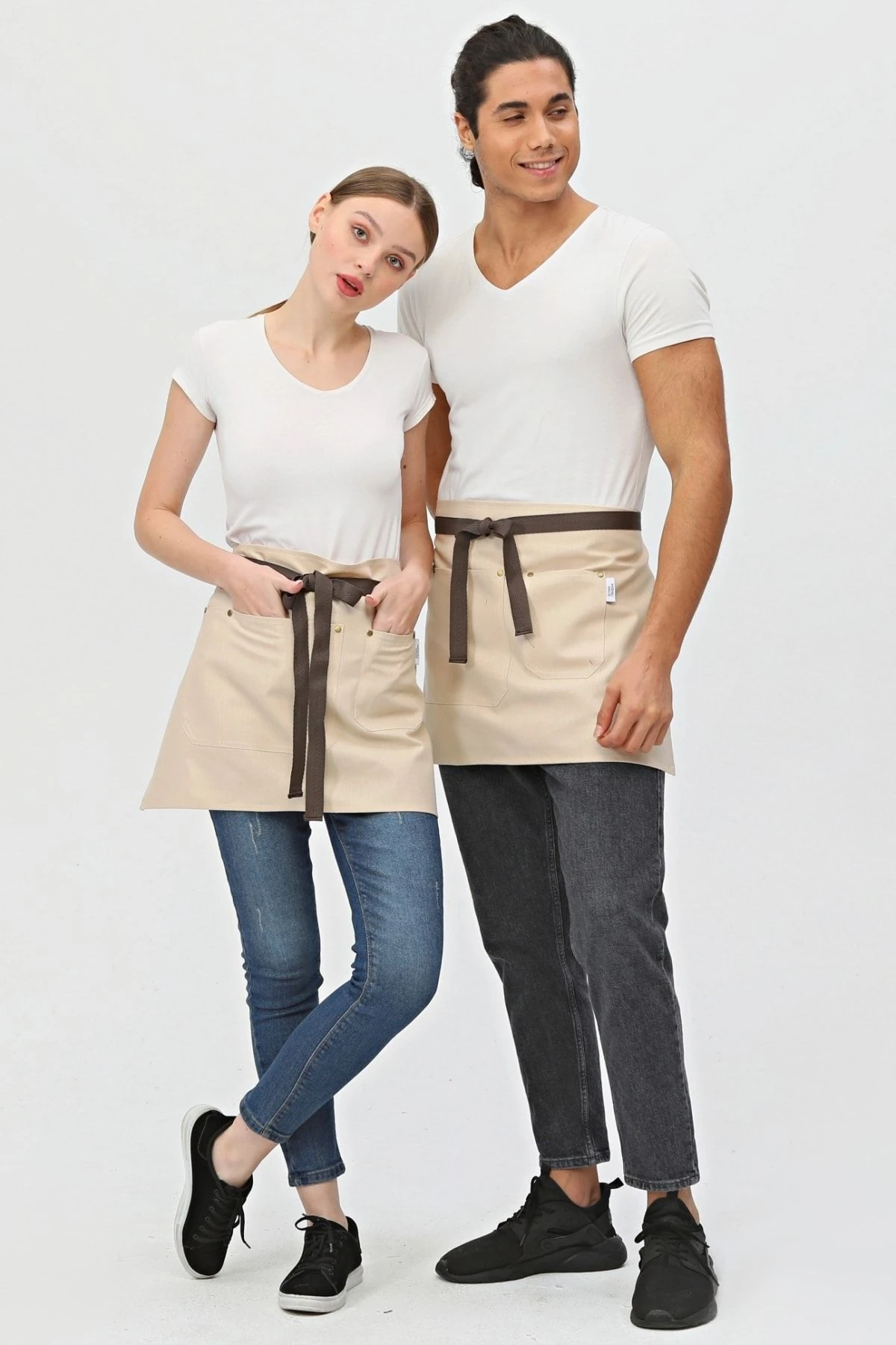 Cafe, Barista, Kuaför, Barmen, Çiçekçi, Mutfak Önlük, Leke Tutmaz, Gri Antrasit Yarım Kısa Önlük - bej