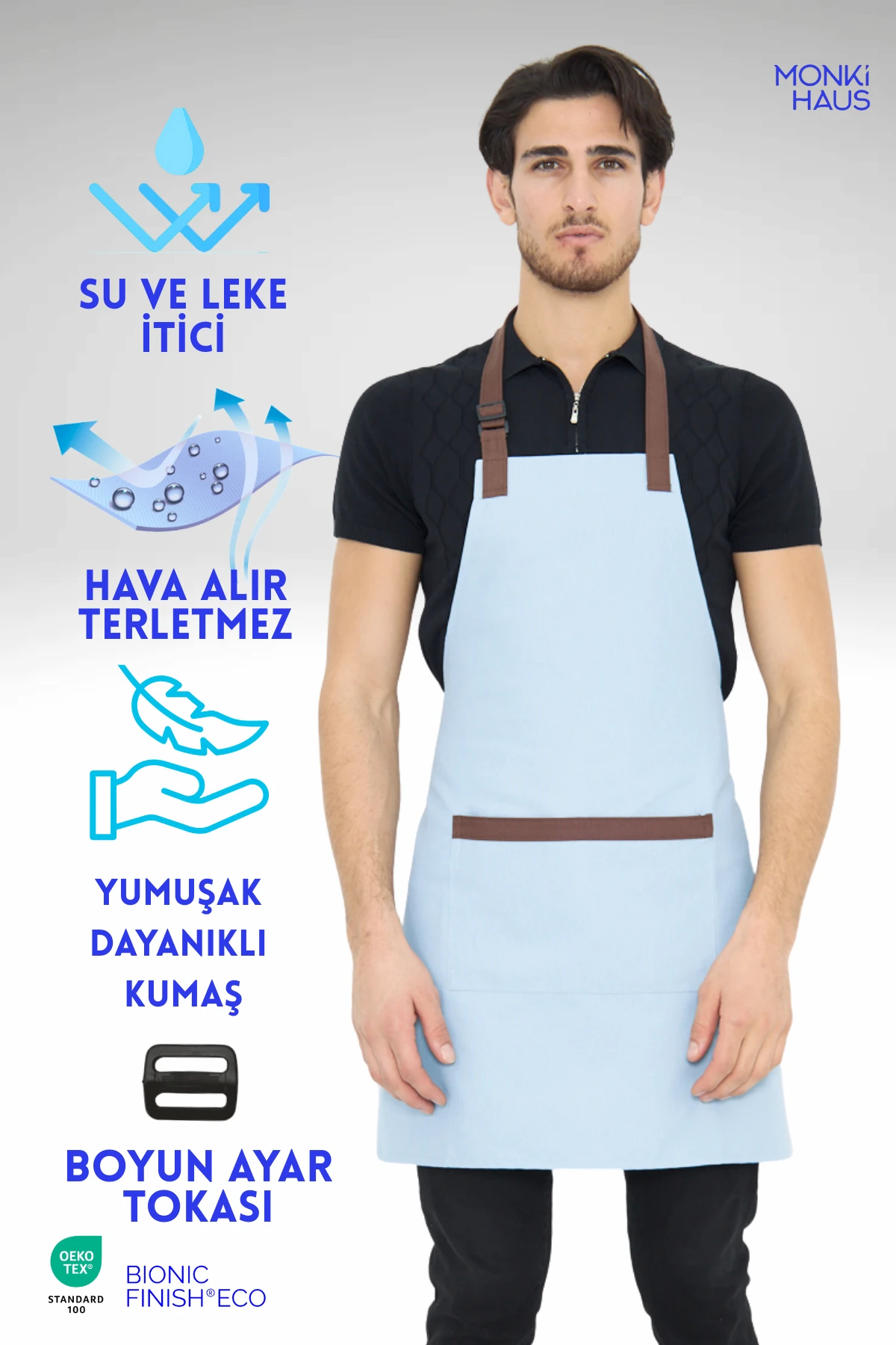 Su İtici Leke Tutmaz Kafe Barista Seramik Pasta Aşçı Garson Çiçekçi Restoran Cafe Apron Erkek Önlük - açık mavi