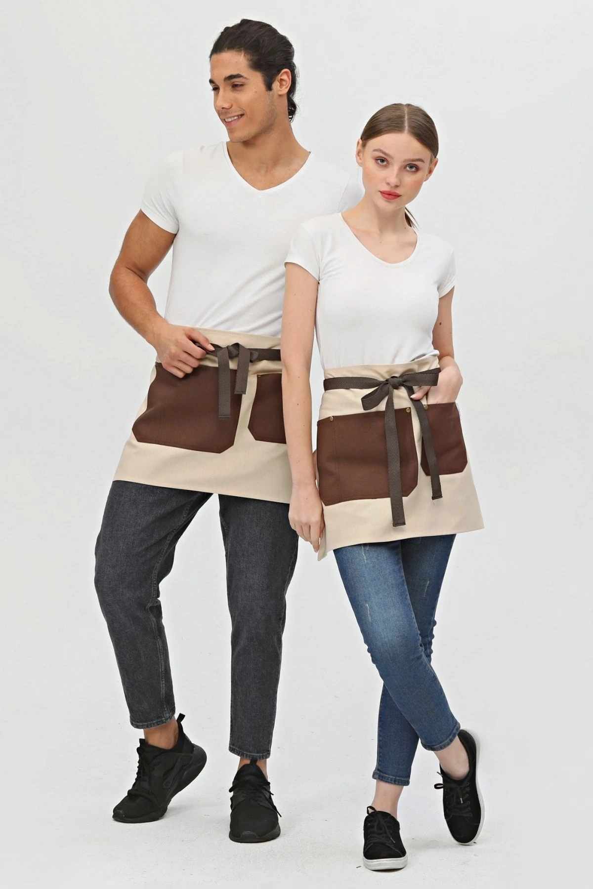 Cafe, Barista, Kuaför, Barmen, Çiçekçi, Mutfak Önlük, Leke Tutmaz, Gri Antrasit Yarım Kısa Önlük - bej-kahve