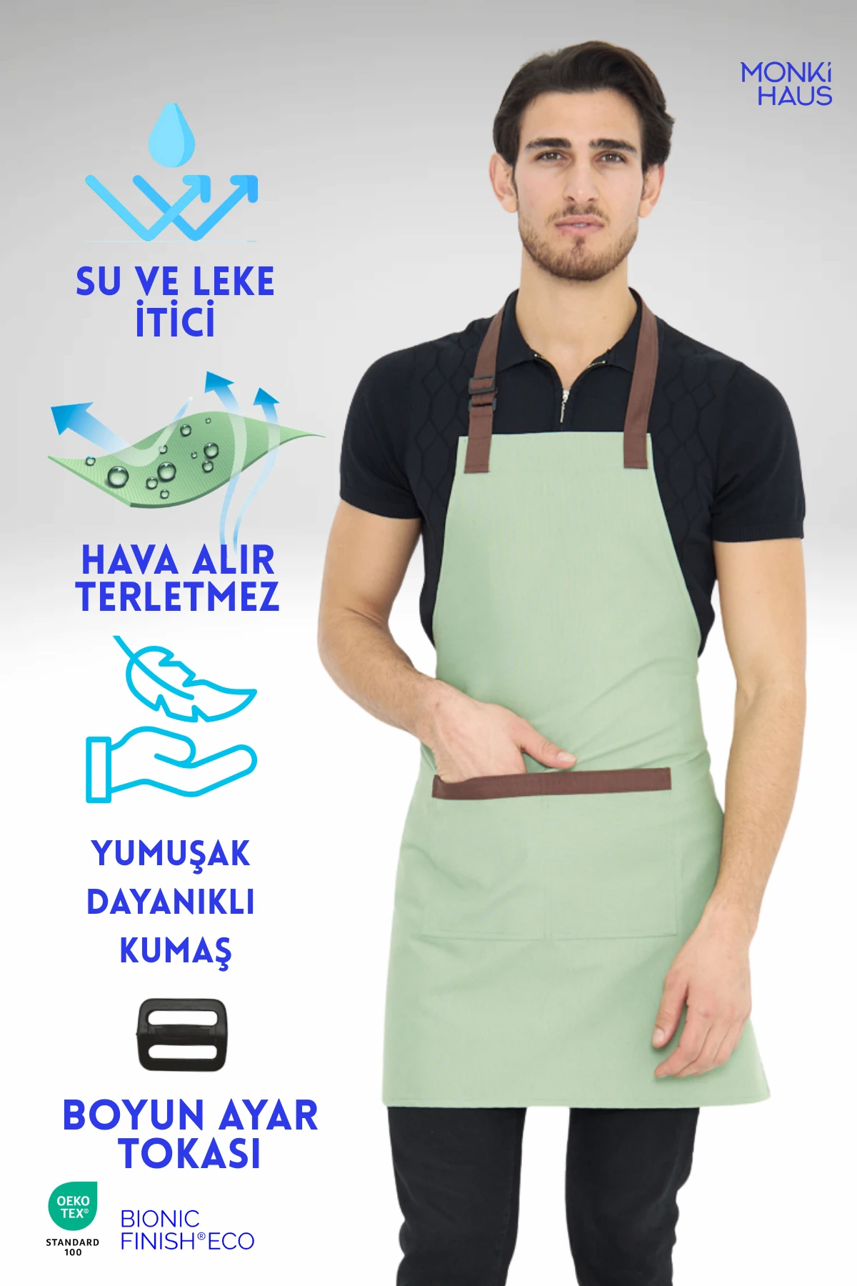 Su İtici Leke Tutmaz Kafe Barista Seramik Pasta Aşçı Garson Çiçekçi Restoran Cafe Apron Erkek Önlük - mint yeşil