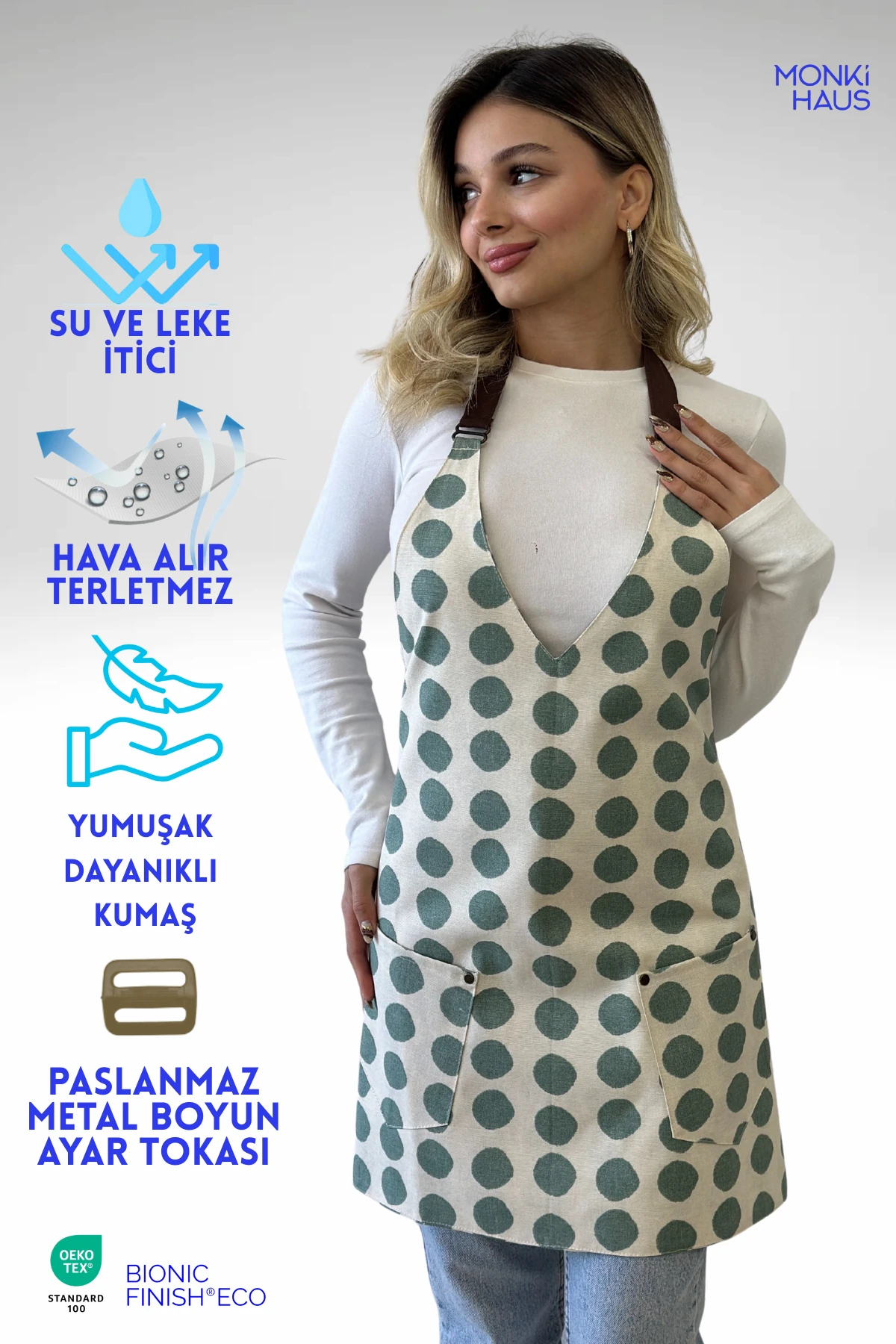 Su İtici Leke Tutmaz Kafe Barista Seramik Pasta Aşçı Garson Çiçekçi Restoran Cafe Apron Kadın Önlük - yeşil puantiyeli