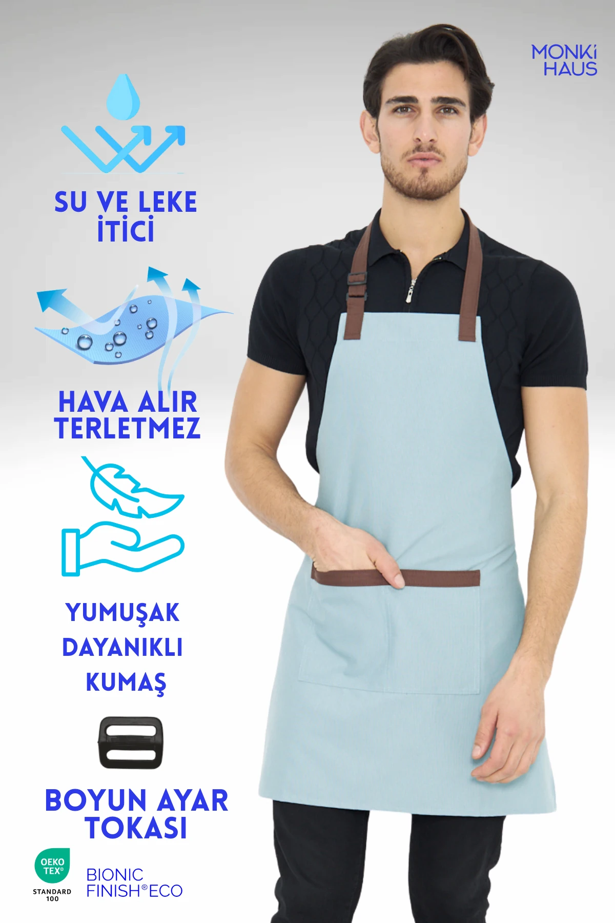 Su İtici Leke Tutmaz Kafe Barista Seramik Pasta Aşçı Garson Çiçekçi Restoran Cafe Apron Erkek Önlük - mavi