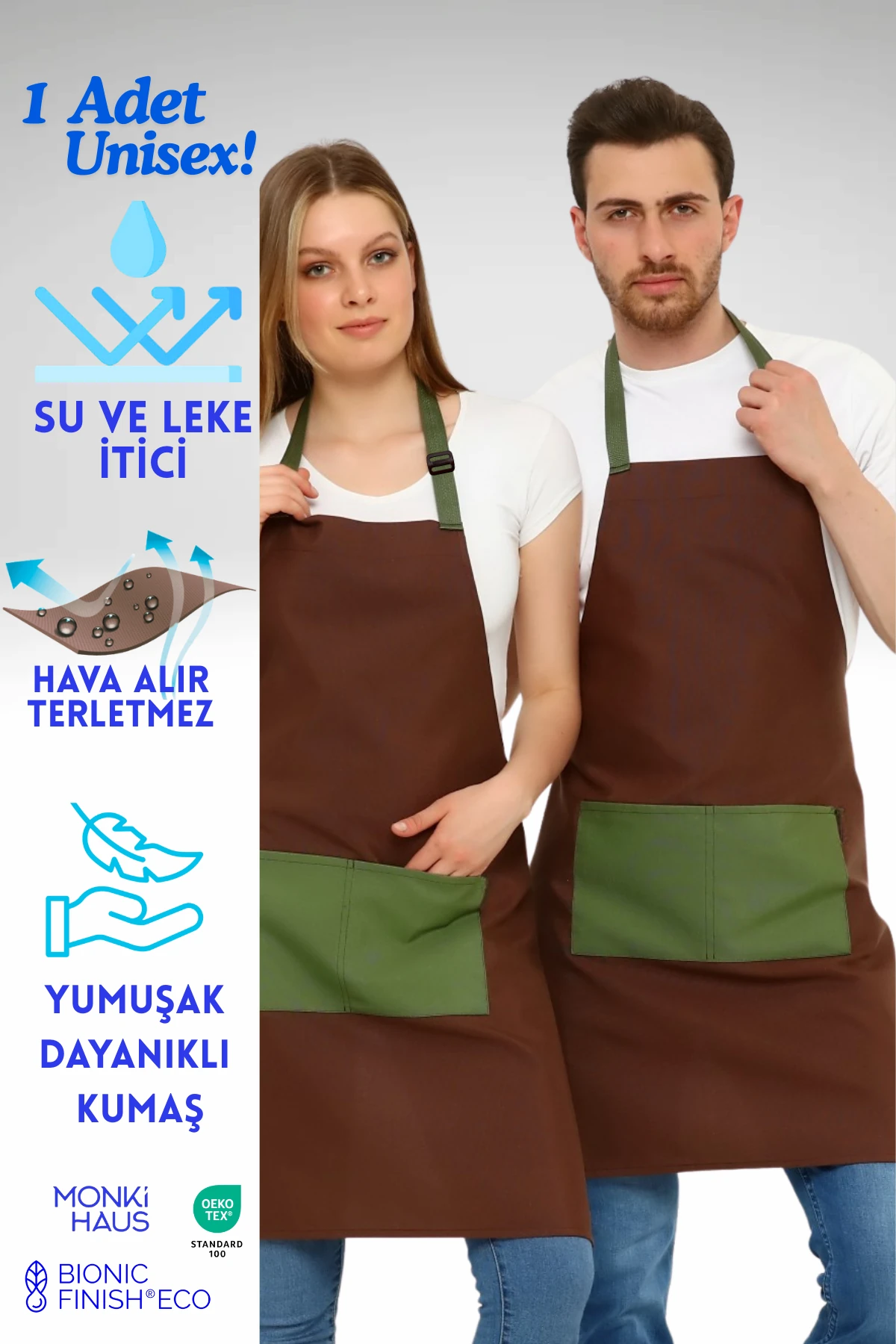 Cafe, Barista, Kuaför, Barmen, Çiçekçi, Mutfak Önlükleri, Leke Tutmaz, Bej - kahve yeşil cep