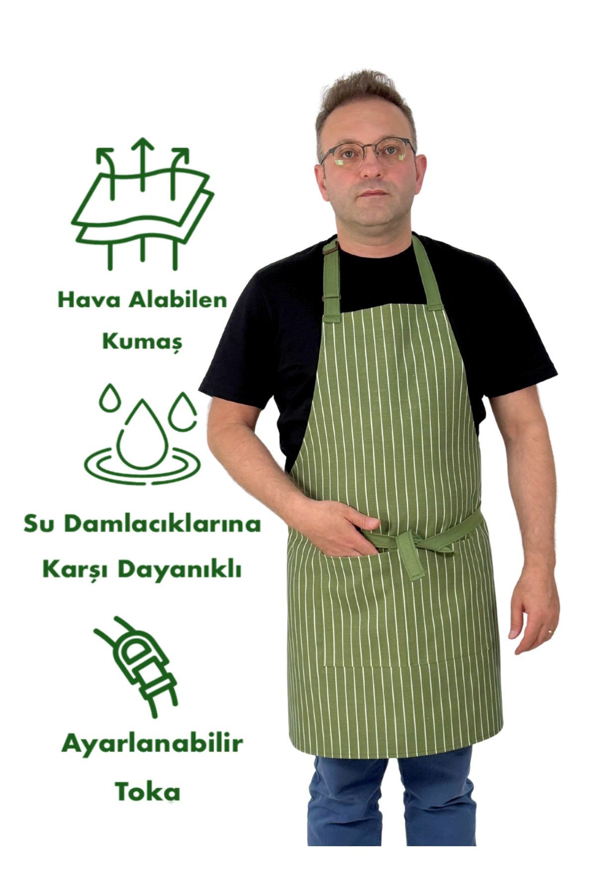 Çizgili Su itici Leke Tutmaz Boyun Ayarlı Cepli Önlük Mutfak Kafe Barista Pastacı Şef Aşçı