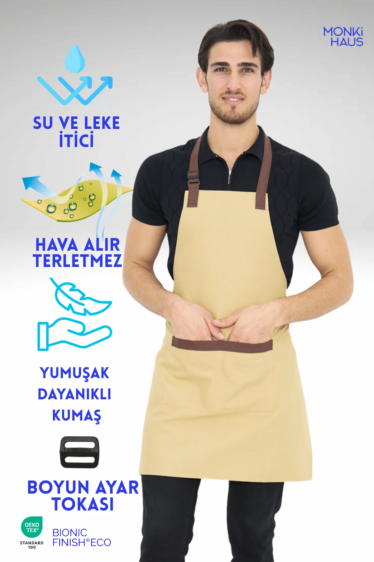 Su İtici Leke Tutmaz Kafe Barista Seramik Pasta Aşçı Garson Çiçekçi Restoran Cafe Apron Erkek Önlük - hardal bej