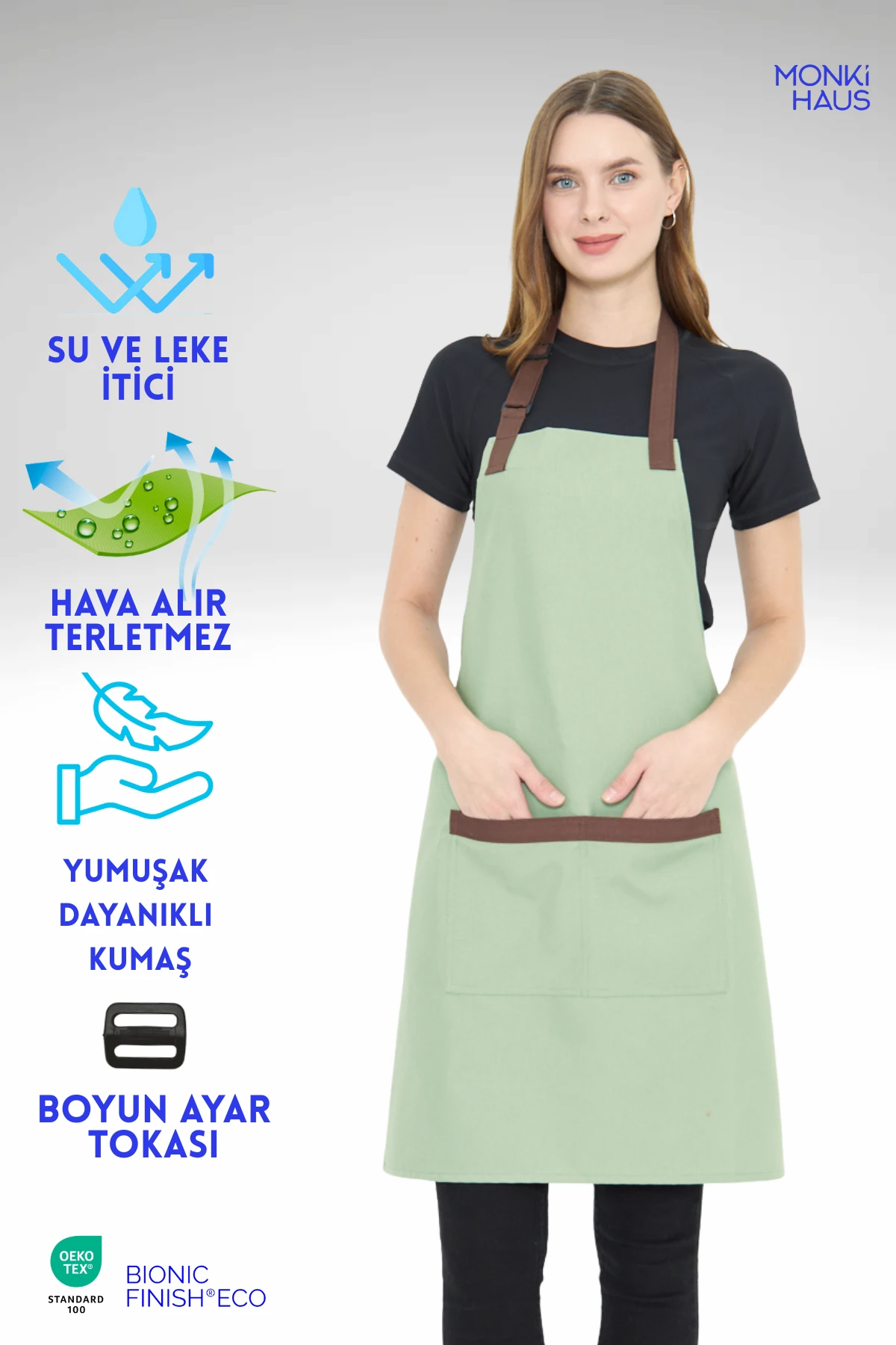 Su İtici Leke Tutmaz Kafe Barista Seramik Pasta Aşçı Garson Çiçekçi Restoran Cafe Apron Kadın Önlük - mint yeşili