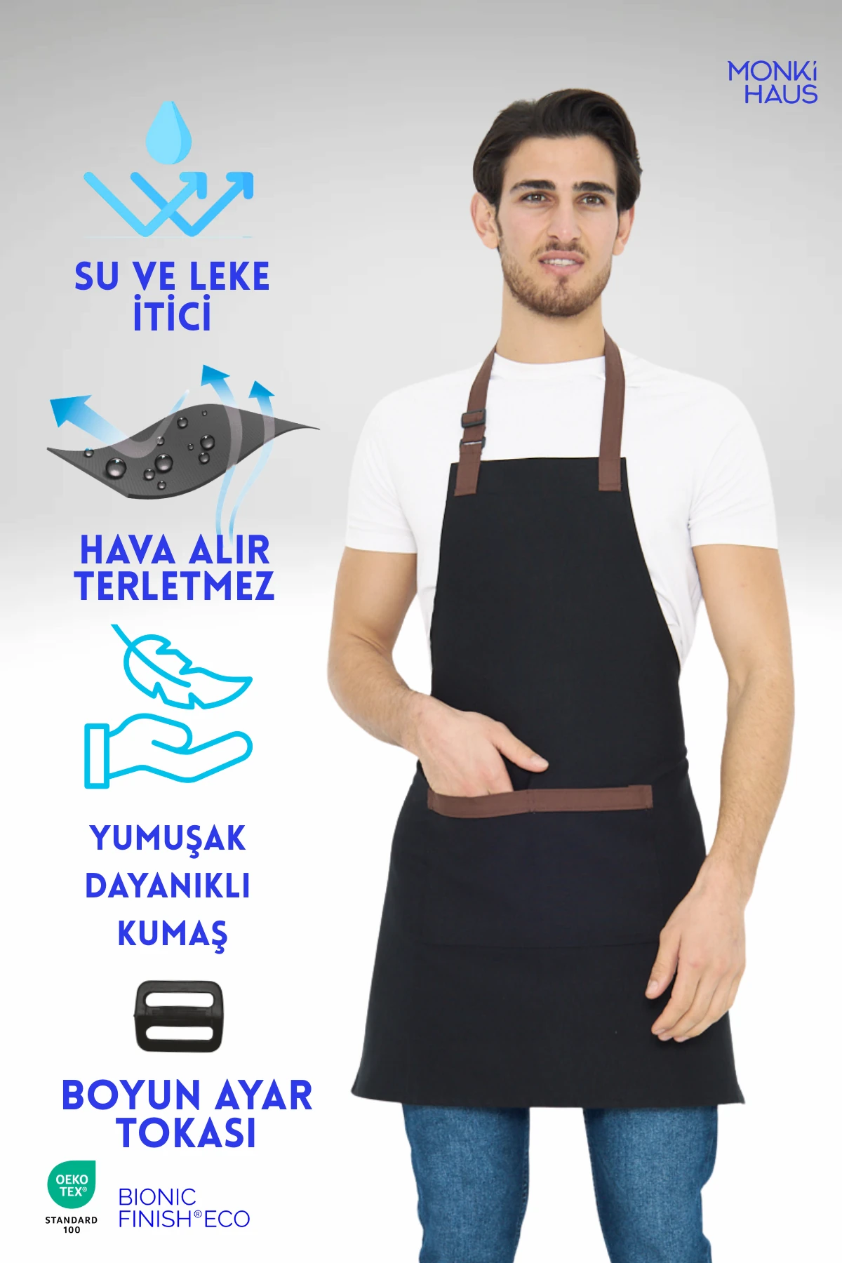 Su İtici Leke Tutmaz Kafe Barista Seramik Pasta Aşçı Garson Çiçekçi Restoran Cafe Apron Erkek Önlük - siyah - kahve şeritli kordonlu