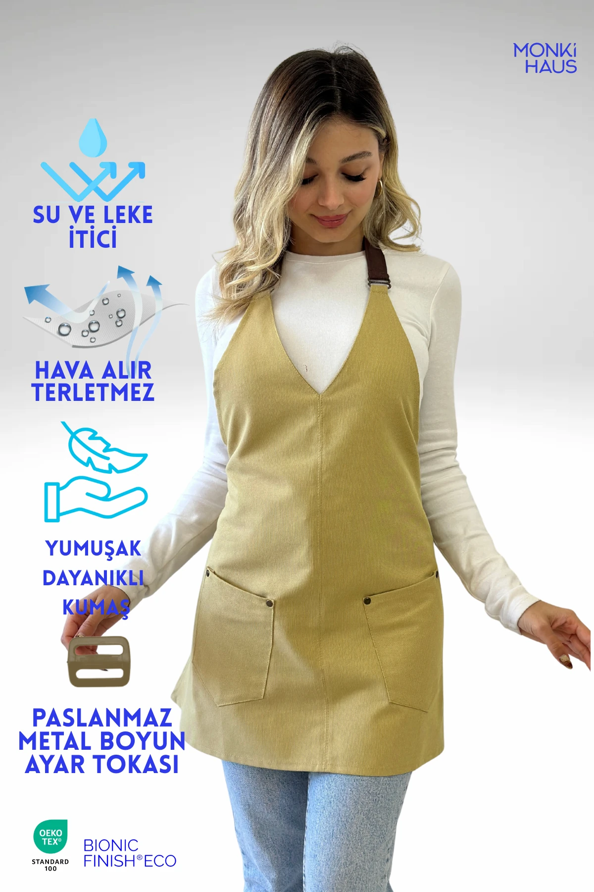 Su İtici Leke Tutmaz Kafe Barista Seramik Pasta Aşçı Garson Çiçekçi Restoran Cafe Apron Kadın Önlük - hardal