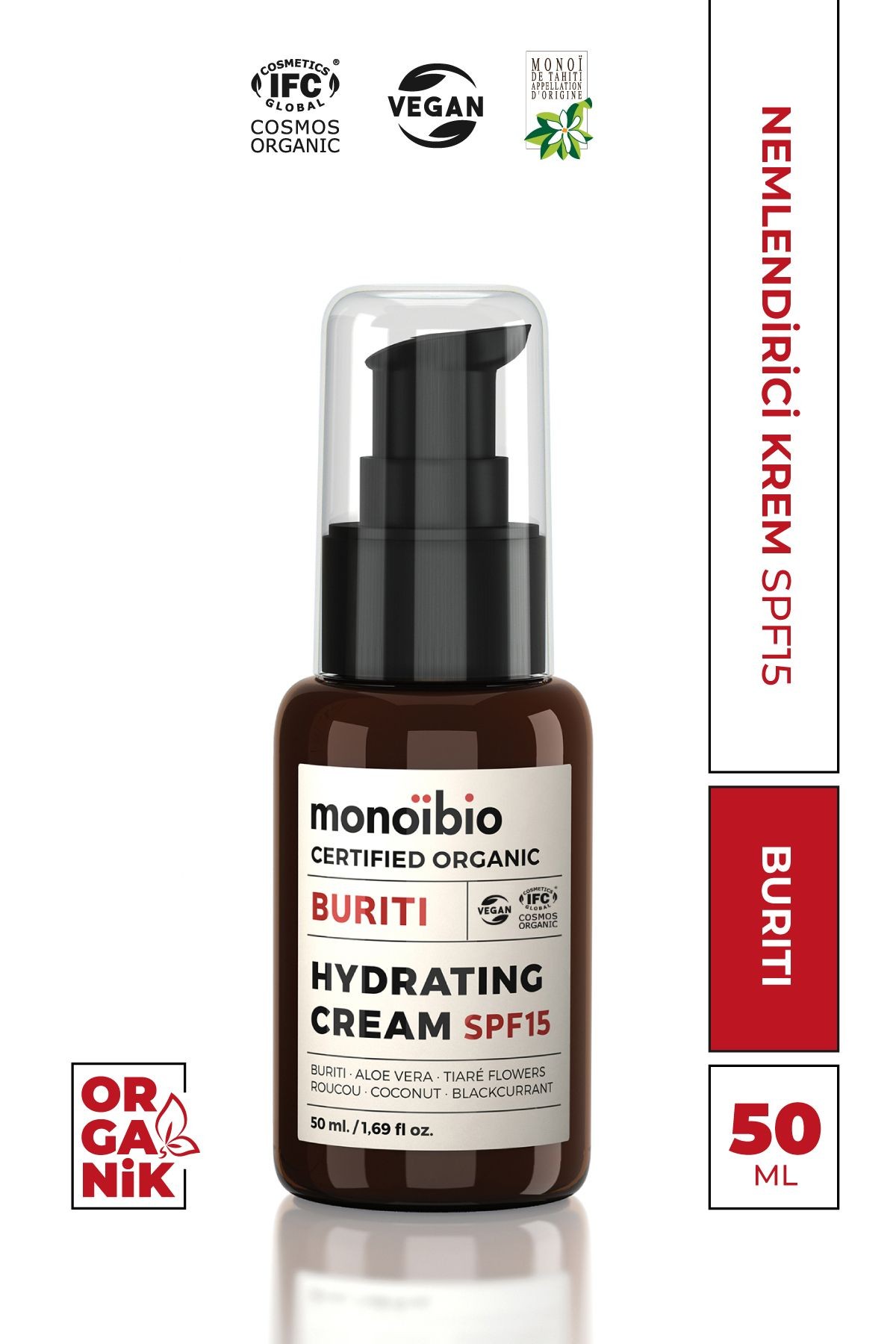 Buriti Organik Nemlendirici Krem SPF15 - Doğal Güneş Koruyuculu - Monoibio