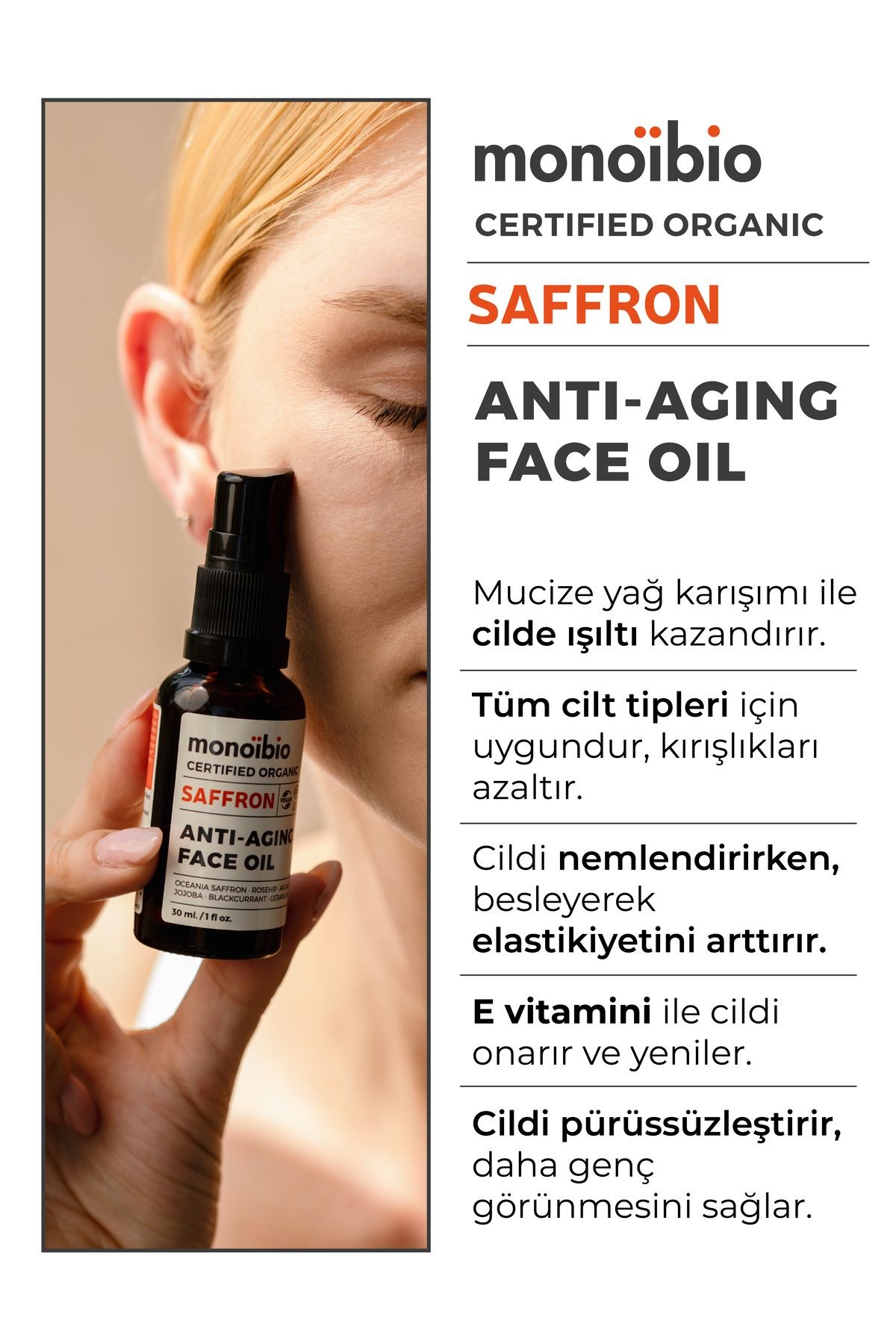 Saffron Organik Anti-Aging Yüz Bakım Yağı - Yaşlanma Karşıtı - Kolajen Güçlendirici - Monoibio