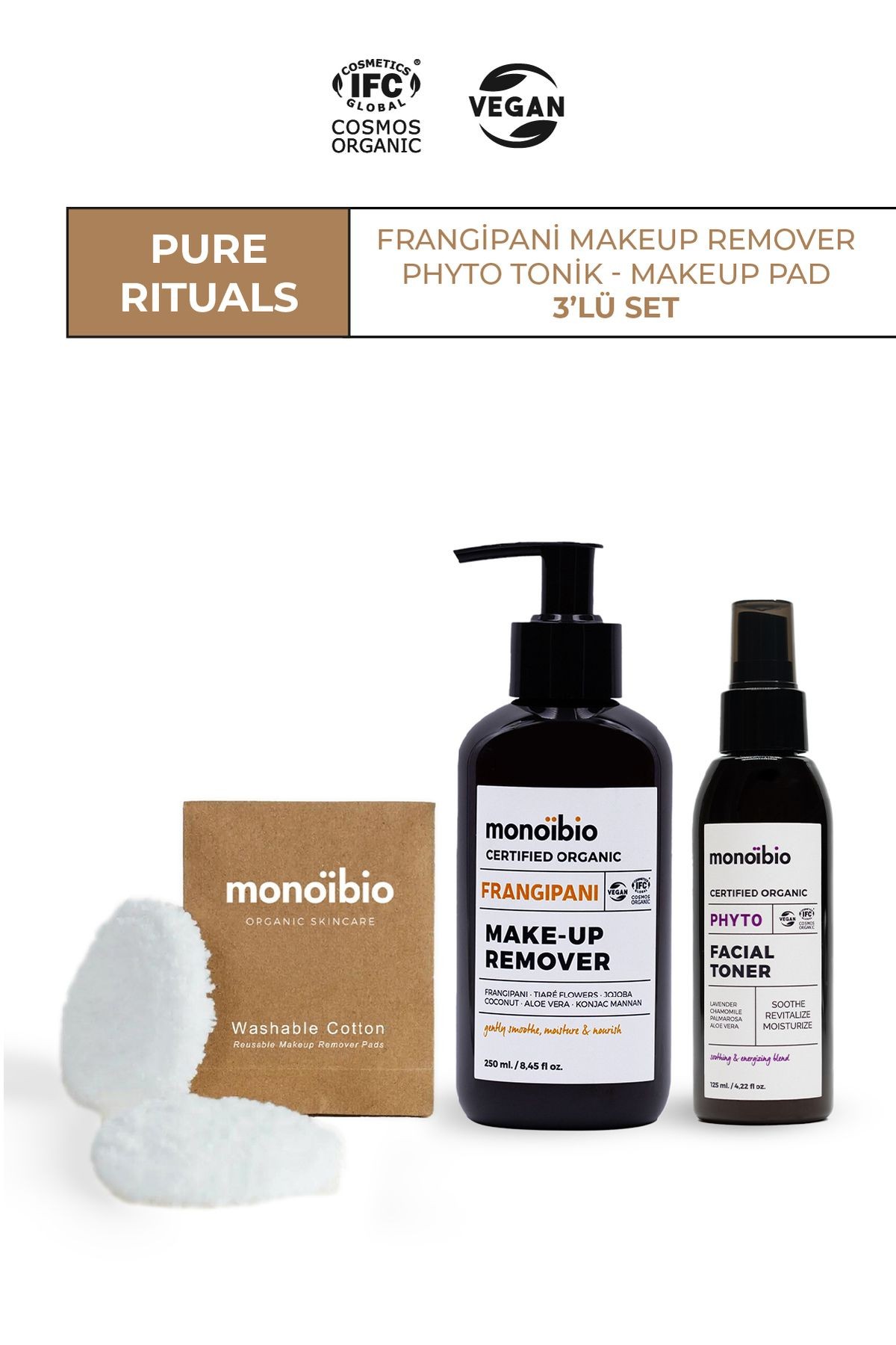Pure Rituals Organik Makyaj Temizleme Seti - Frangipani Makeup Remover - Phyto Tonik - Makeup Pad