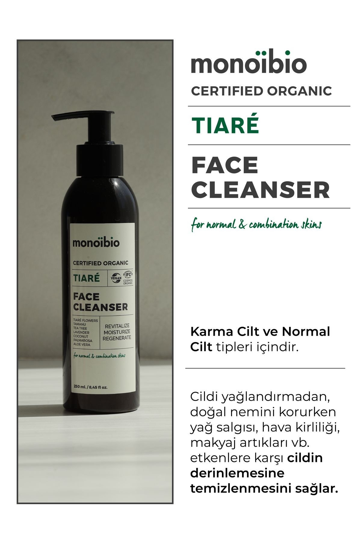 Tiaré Organik Yüz Temizleme Jeli - Normal ve Karma Ciltler İçin - Monoibio