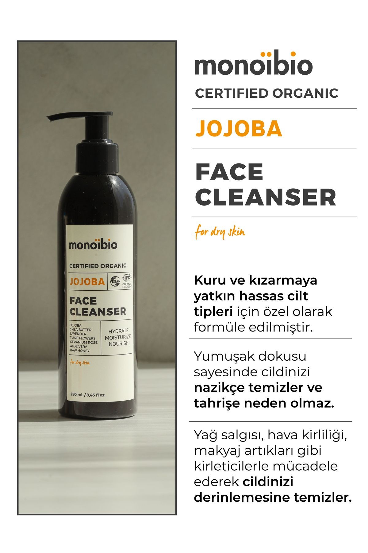 Jojoba Organik Yüz Temizleme Jeli - Hassas ve Kuru Ciltler İçin - Monoibio