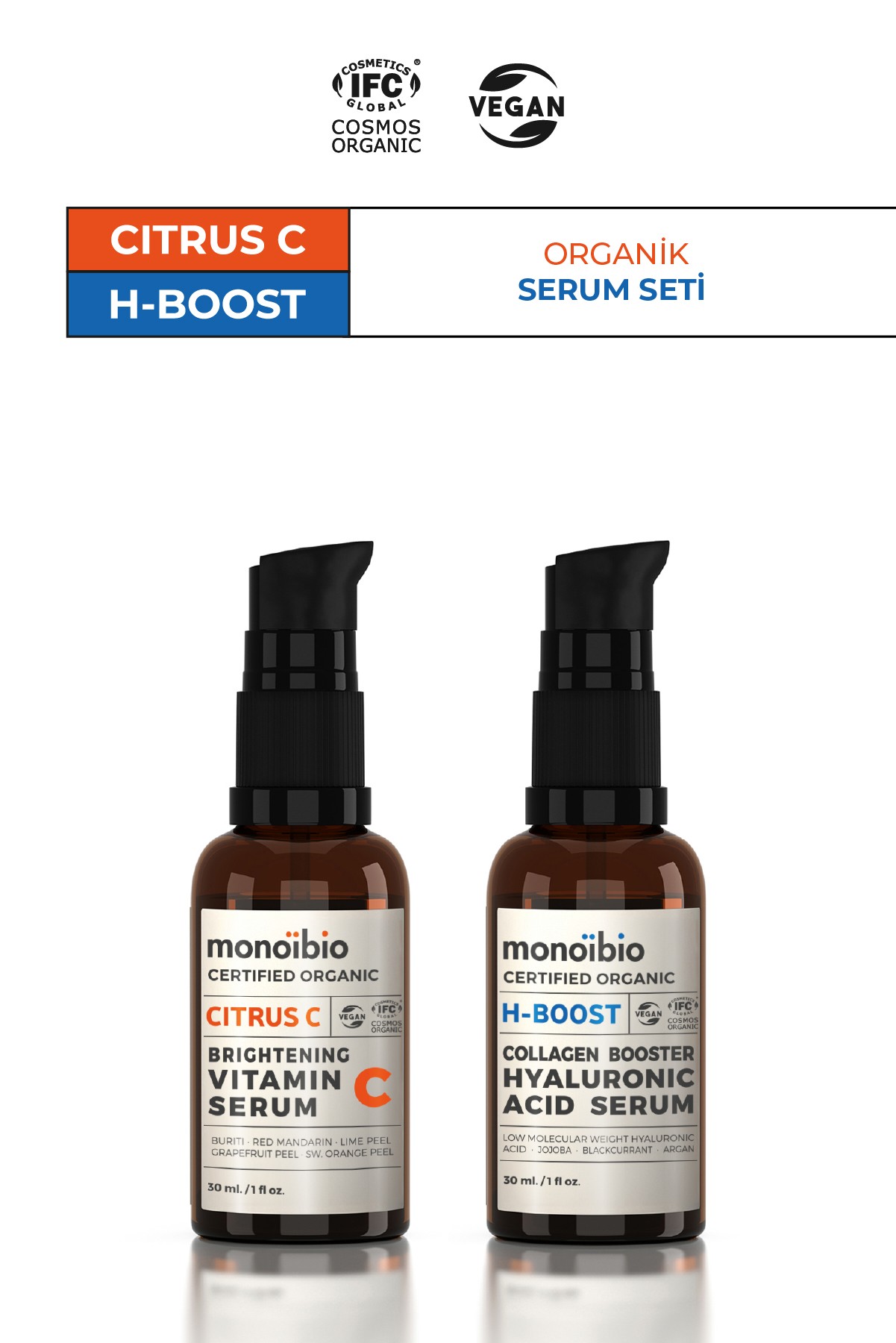 Organik Sertifikalı Hyalüronik Asit - Vitamin C Serum Seti - Vegan Gece Gündüz Serumu