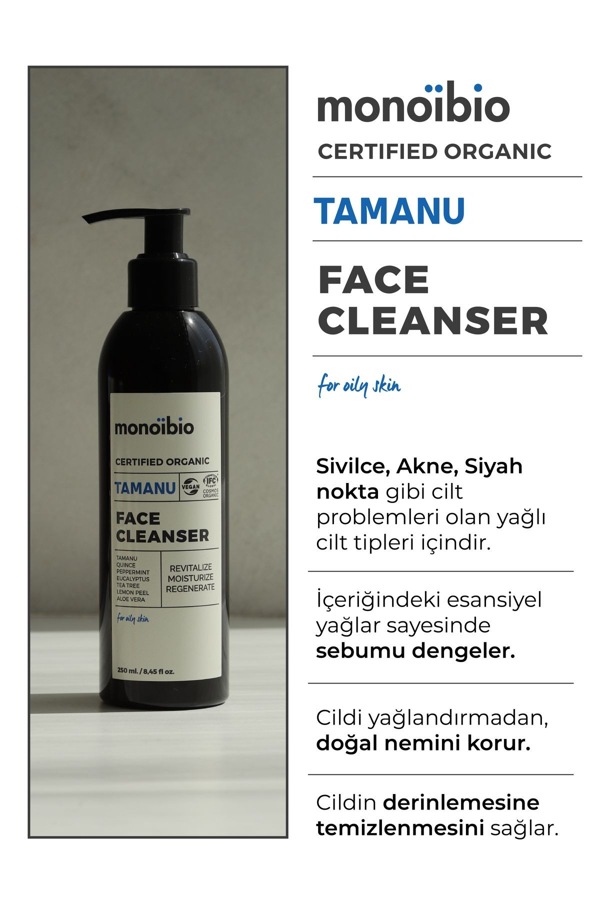 Tamanu Organik Yüz Temizleme Jeli - Yağlı Ciltler İçin Sebum Dengeleyici - Monoibio