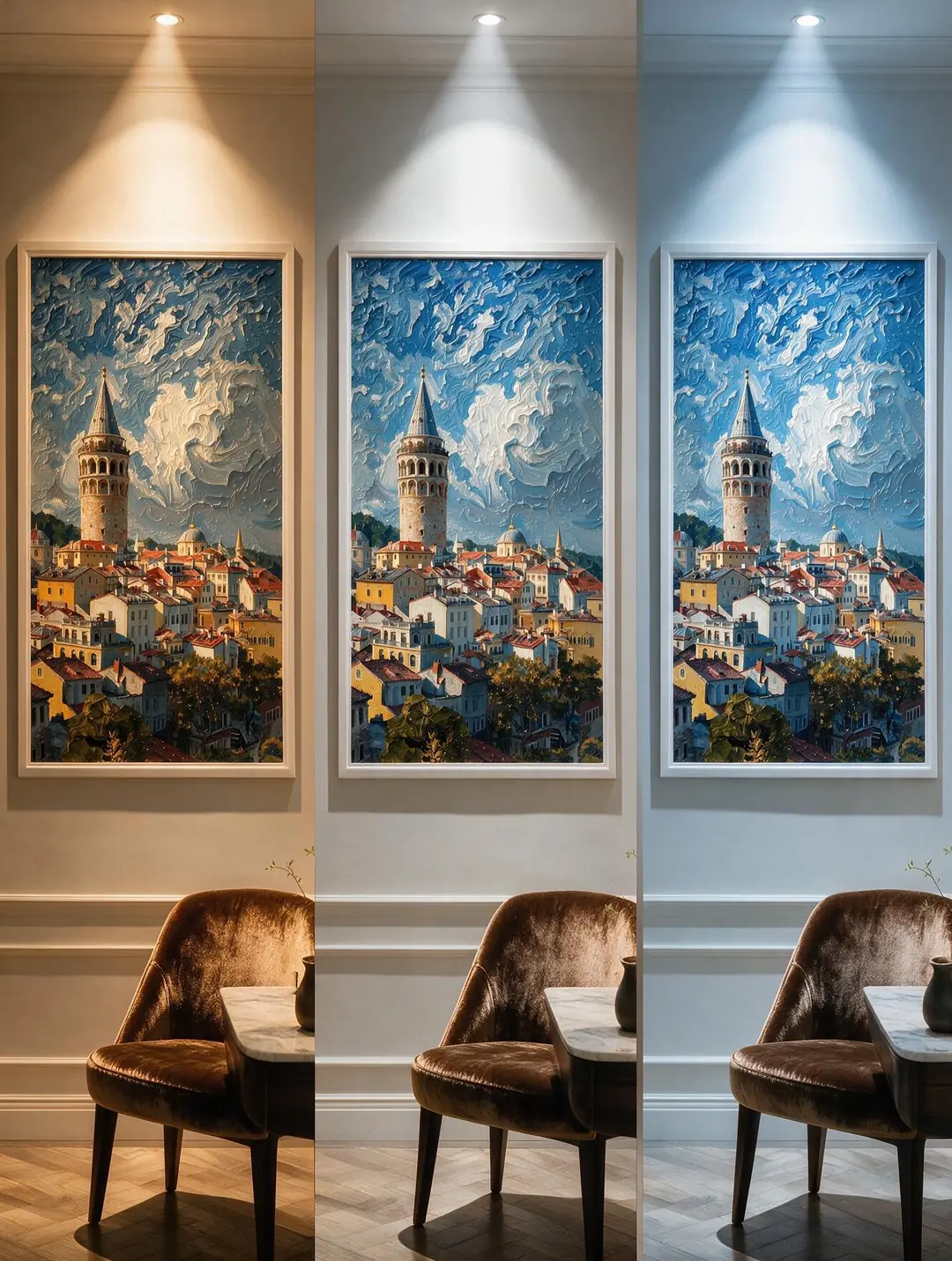 Farklı ışık renklerinde kadife tablo karşılaştırması