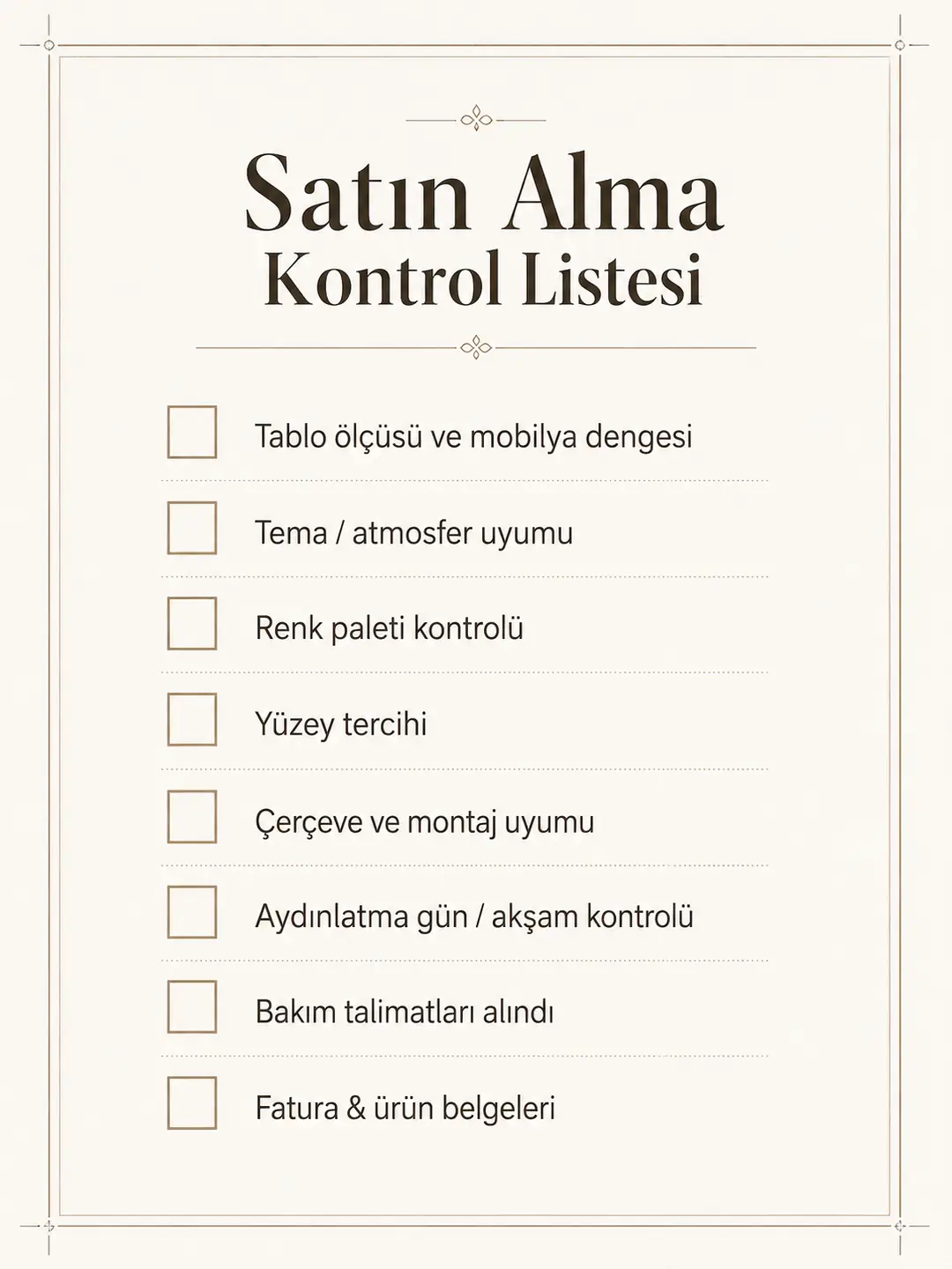 Tablo satın alma kontrol listesi indirilebilir ve yazdırılabilir formatı