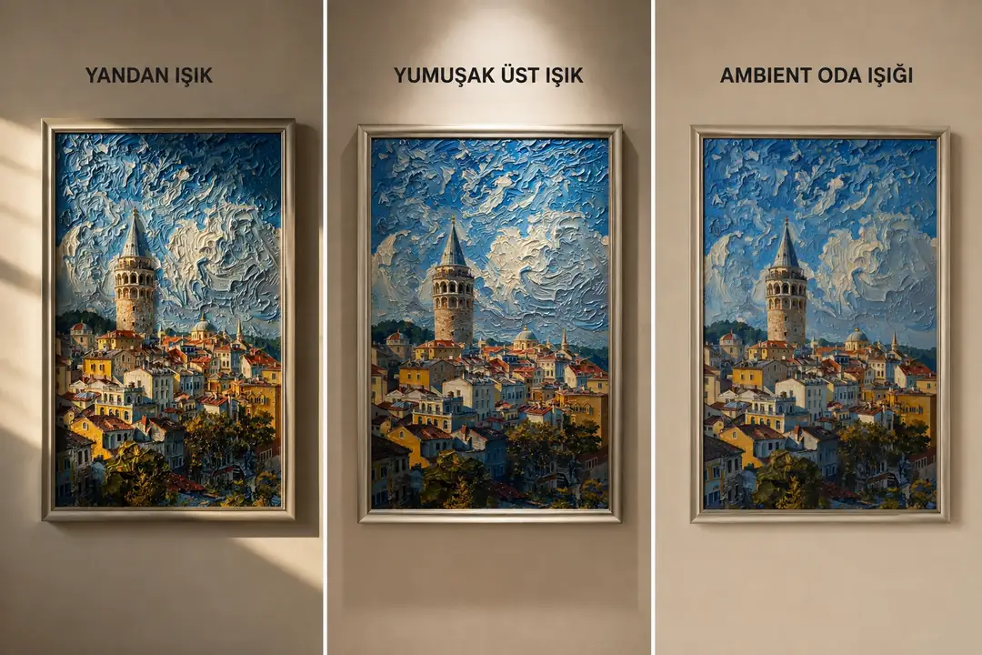 Altın Sokak kadife tablonun farklı ışık yönlerinde ton ve doku değişimleri üç panel