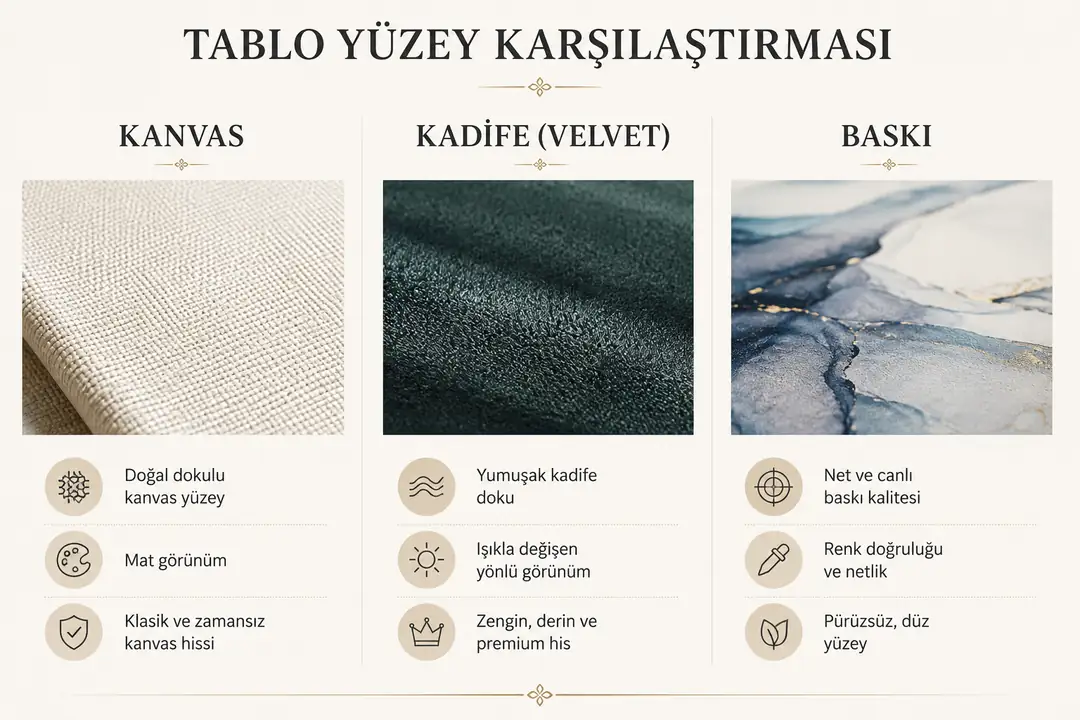 Kanvas, kadife ve baskı yüzeylerinin niteliksel karşılaştırması infografiği