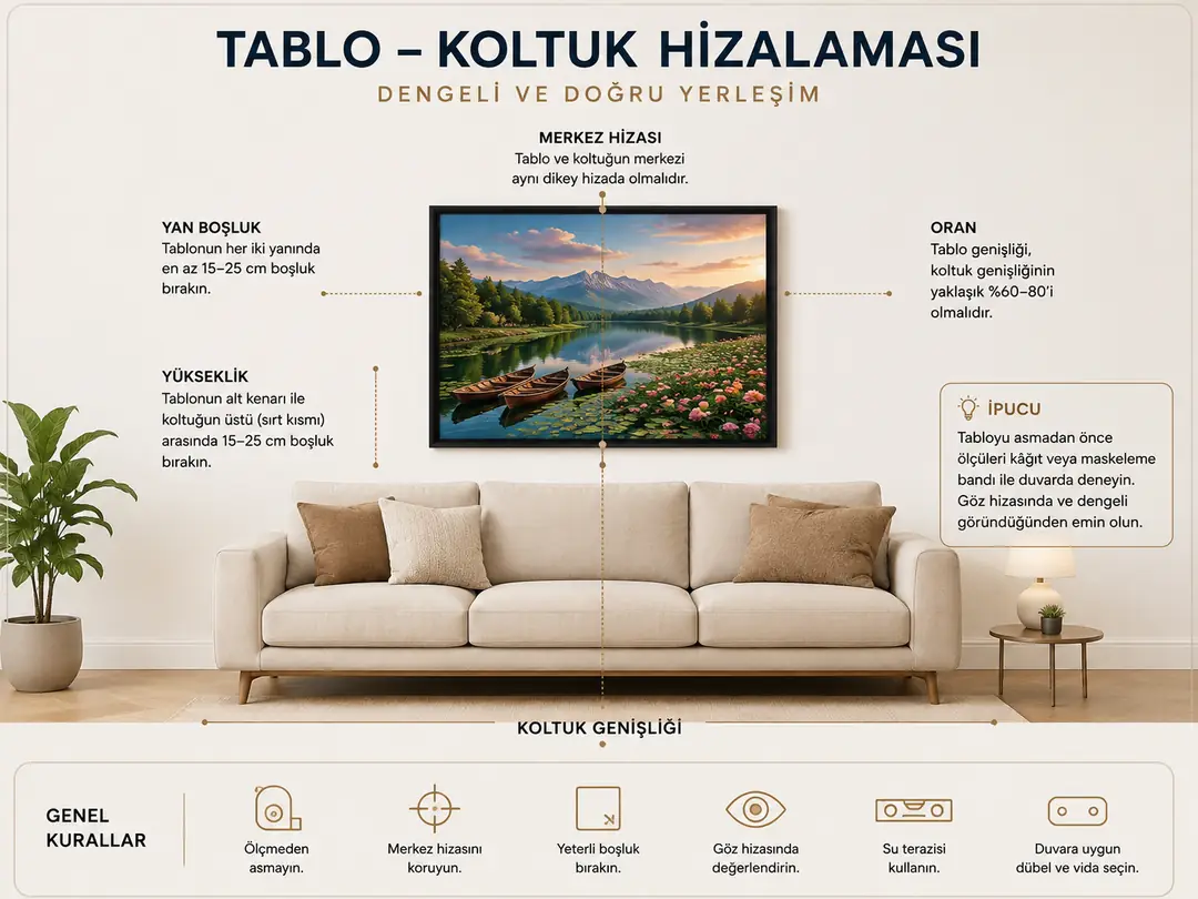 Koltuk ve tablo hizalamasını gösteren basit şema; merkezleme ve boşluk kuralları.