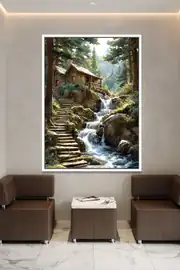 Şelale Orman ve Dağ Evi İtalyan Kadife Tablo – 40 mm Çerçeveli