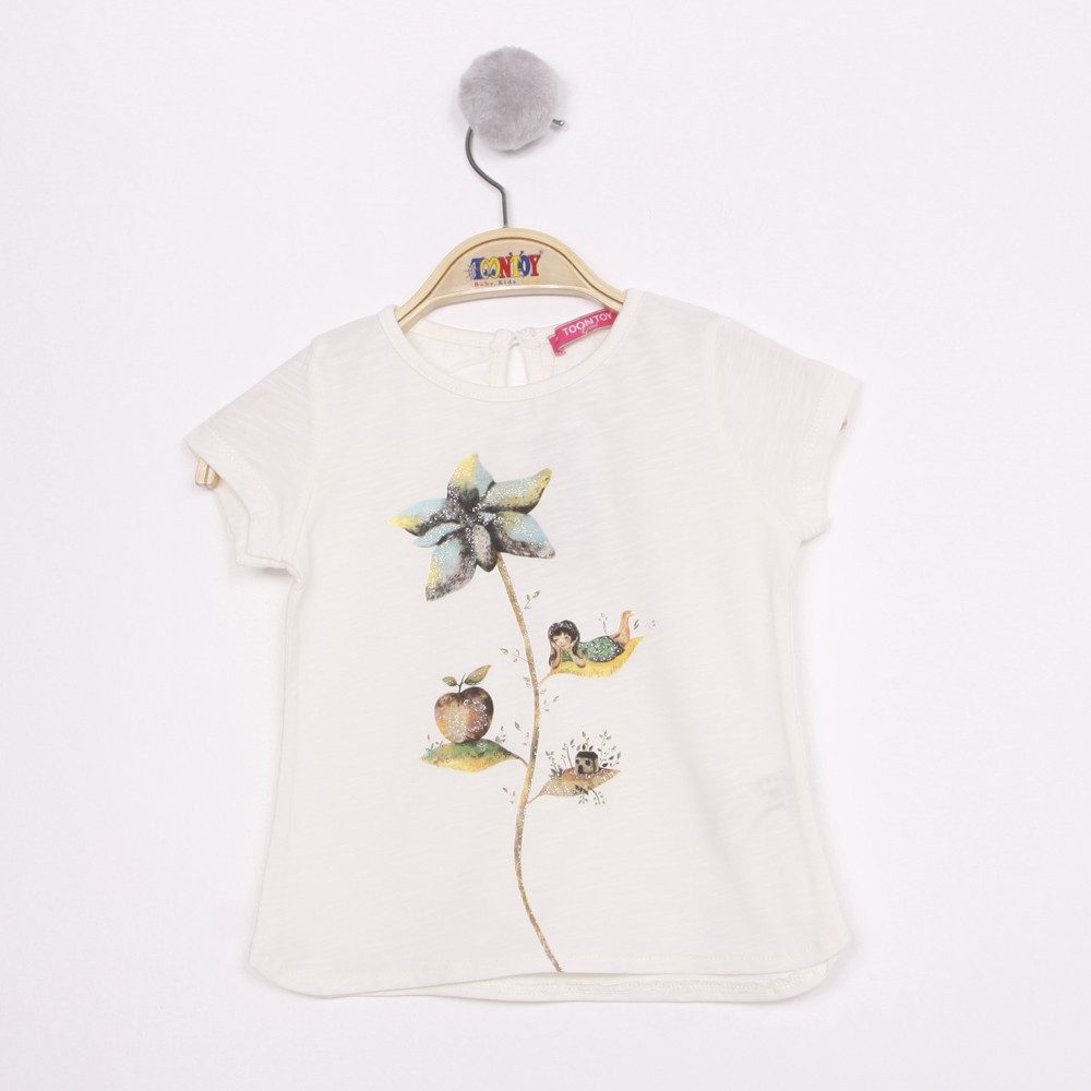 Toontoy Kız Bebek Simli Çiçek Baskılı Tişört
