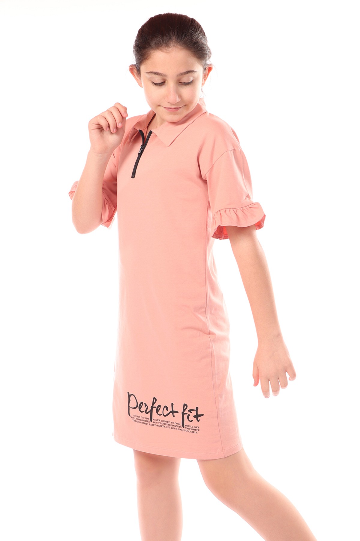 Toontoy Kız Çocuk Yakalı Fermuar Detaylı Perfect Fit Baskılı Elbise