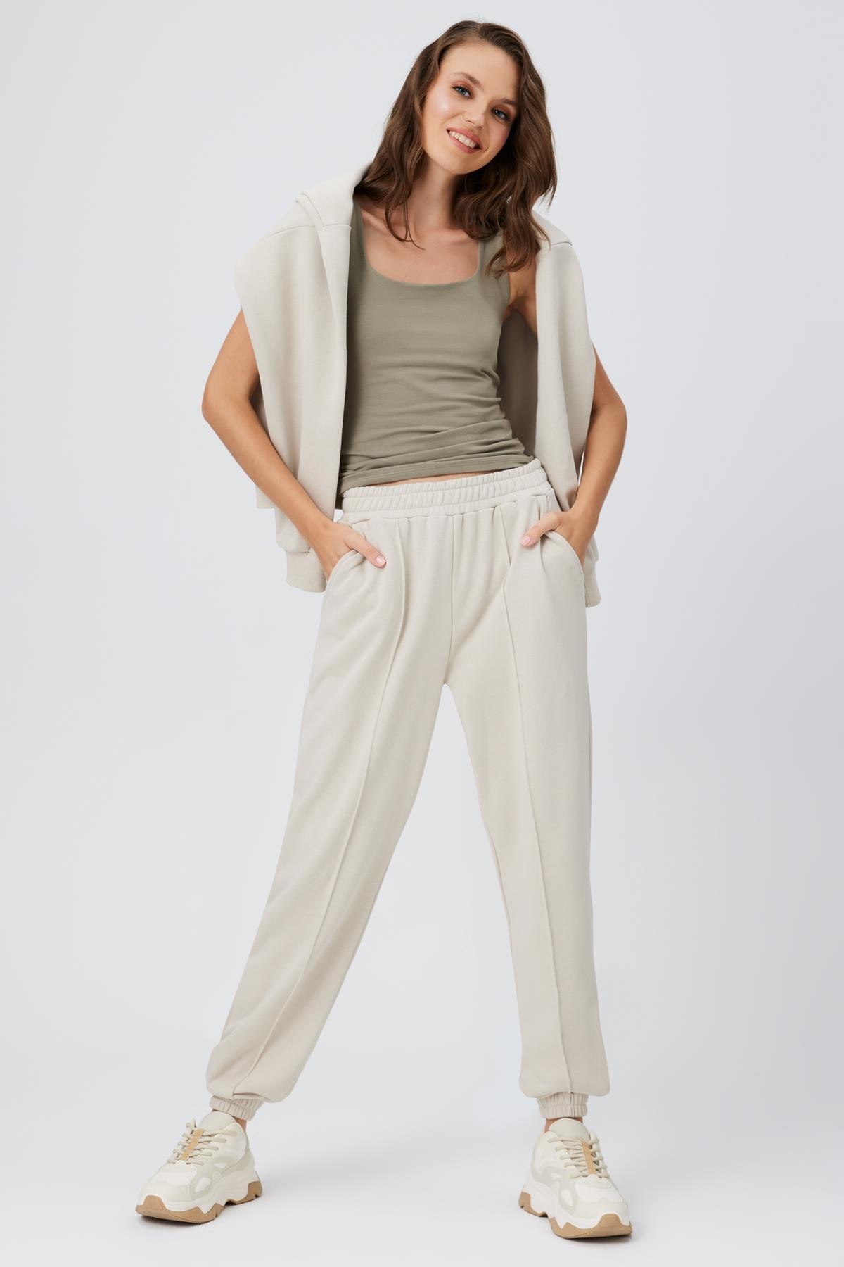 Kuplu Şardonsuz Jogger Pantolon - BEJ