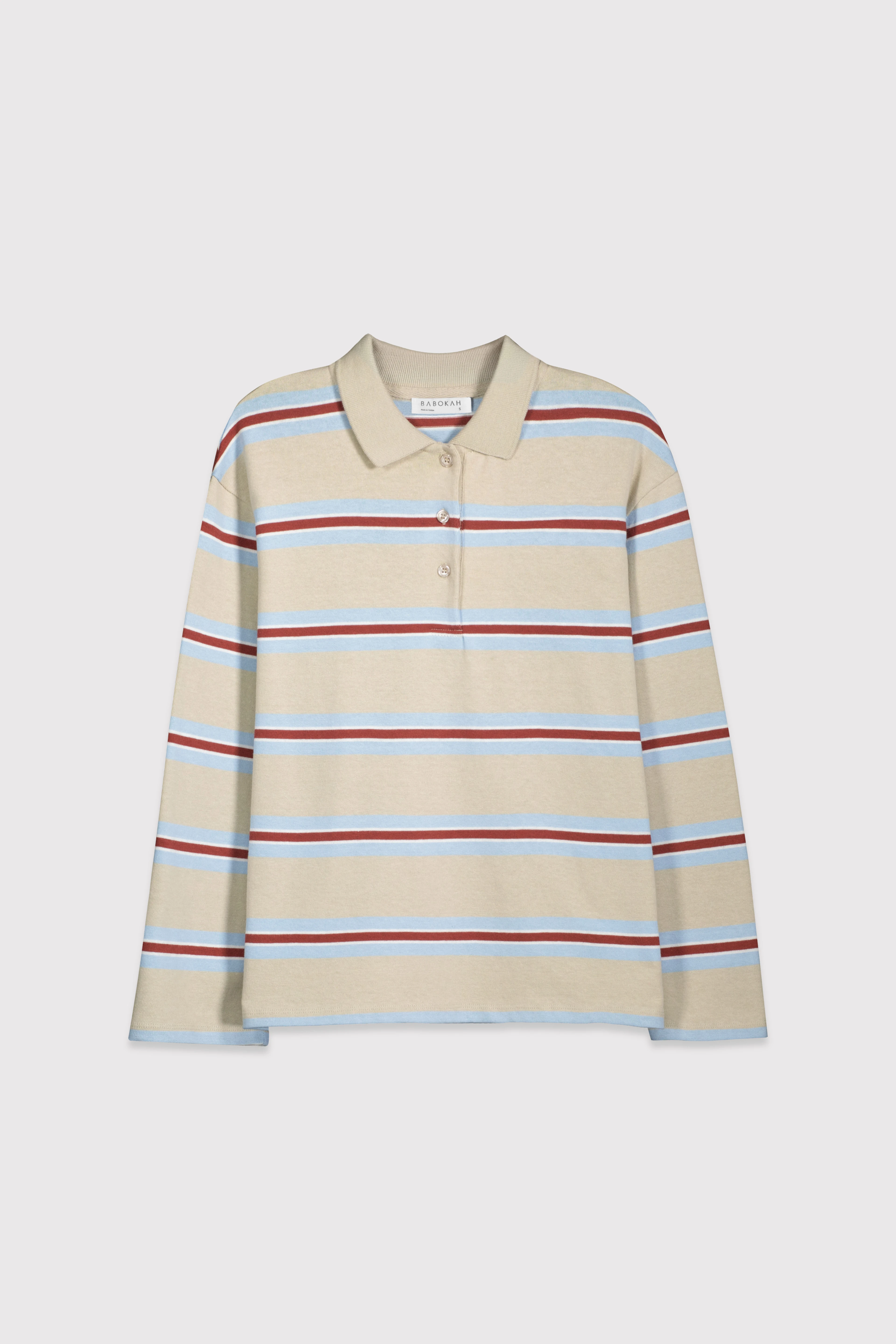 Çizgili Rugby Polo Uzun Kol Tshirt - BEJ ÇİZGİLİ