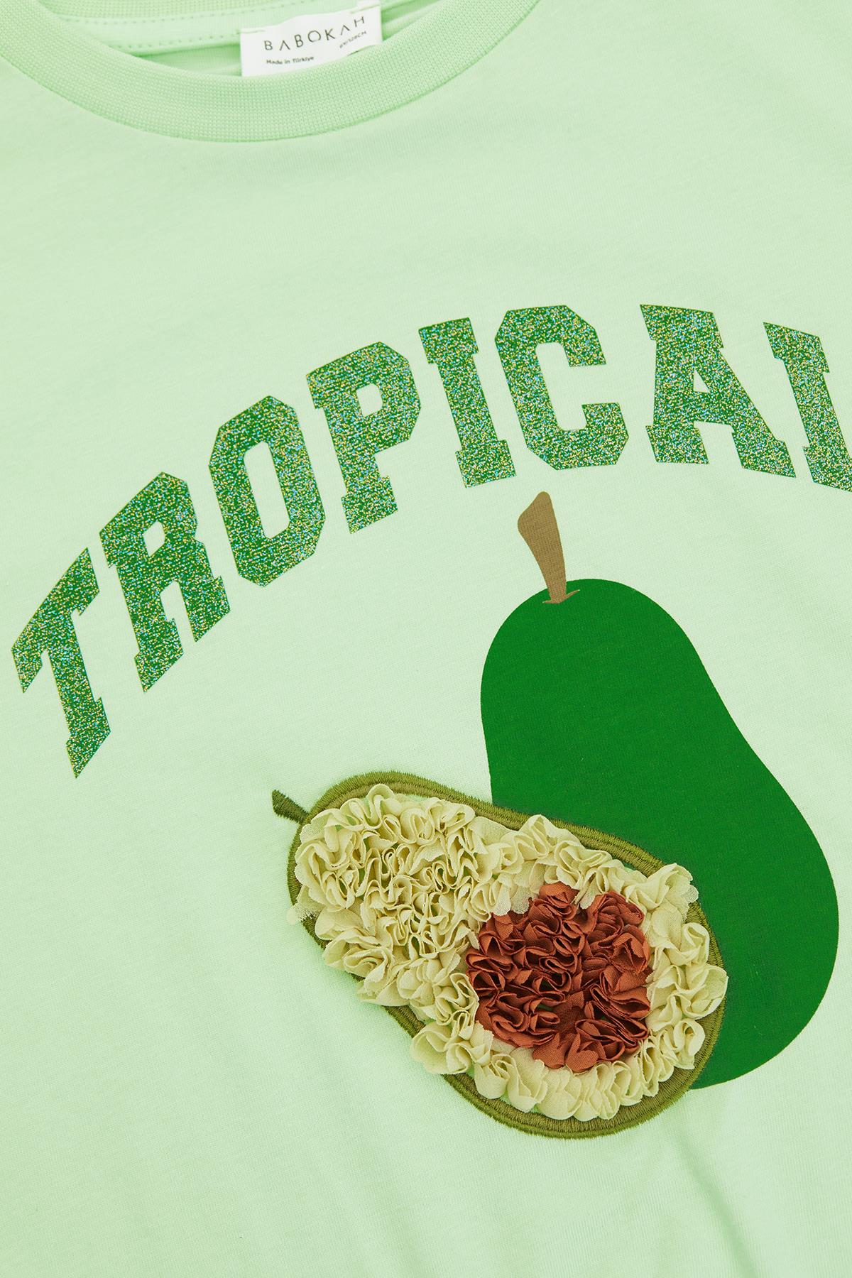 (Kids Girl) Meyve Nakışlı Düğümlü Crop T-shirt - AÇIK YEŞİL
