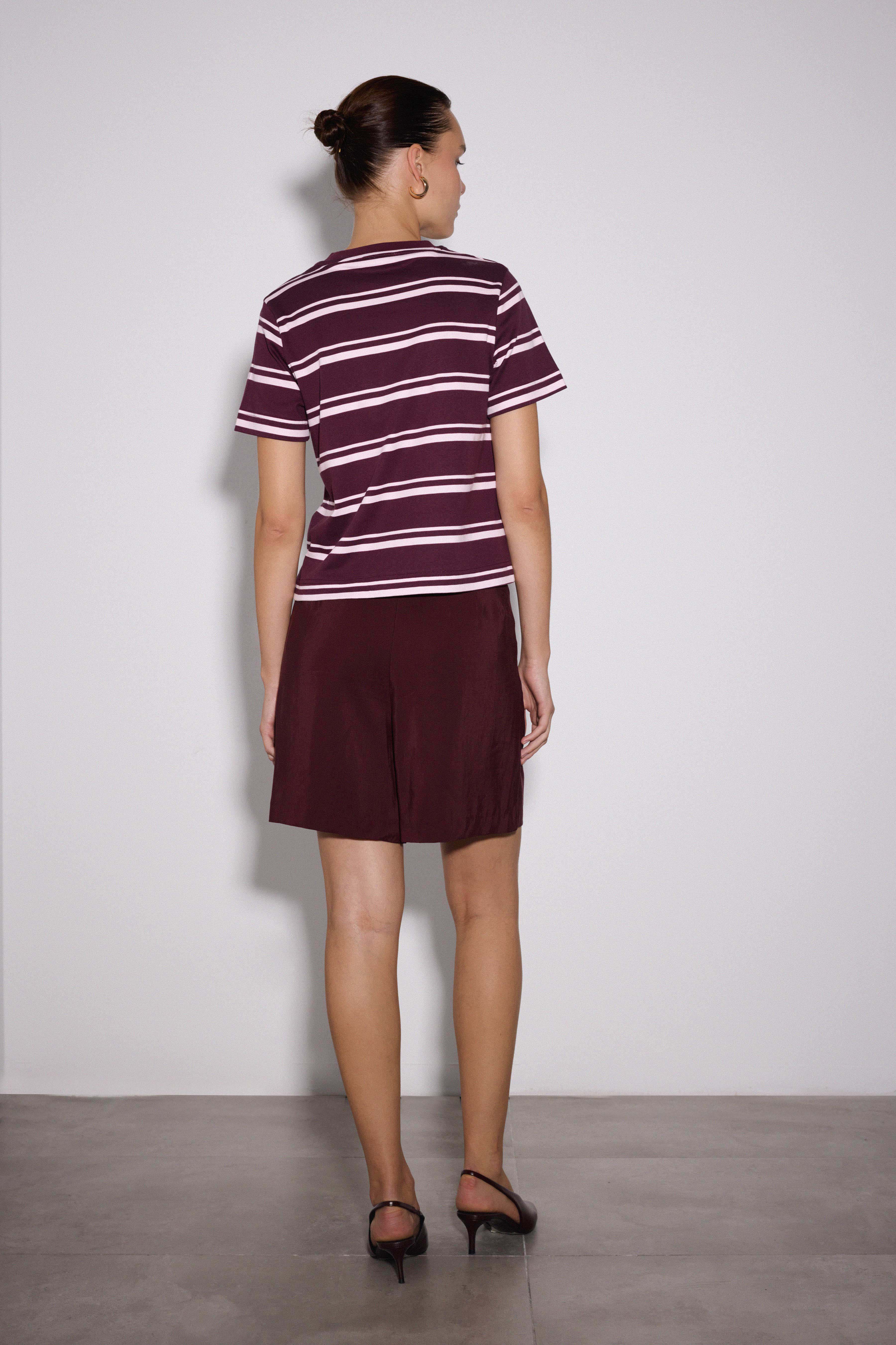 Çizgili Regular Basic Tshirt - BORDO ÇİZGİLİ