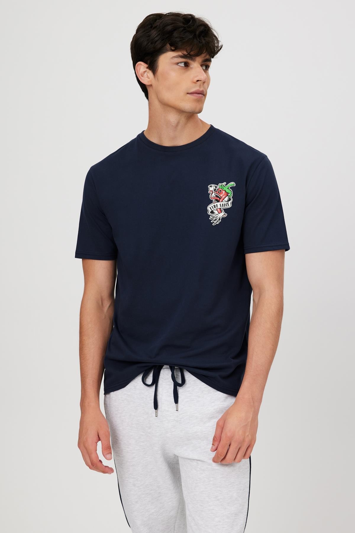 Ön Arka Baskılı Comfort Fit T-Shirt - LACİVERT