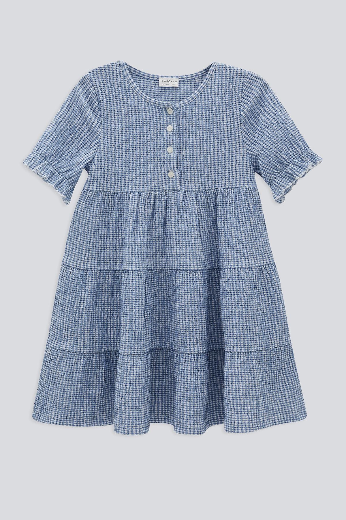 (Kids Girl) Mini Kareli Volanlı Elbise - MAVİ