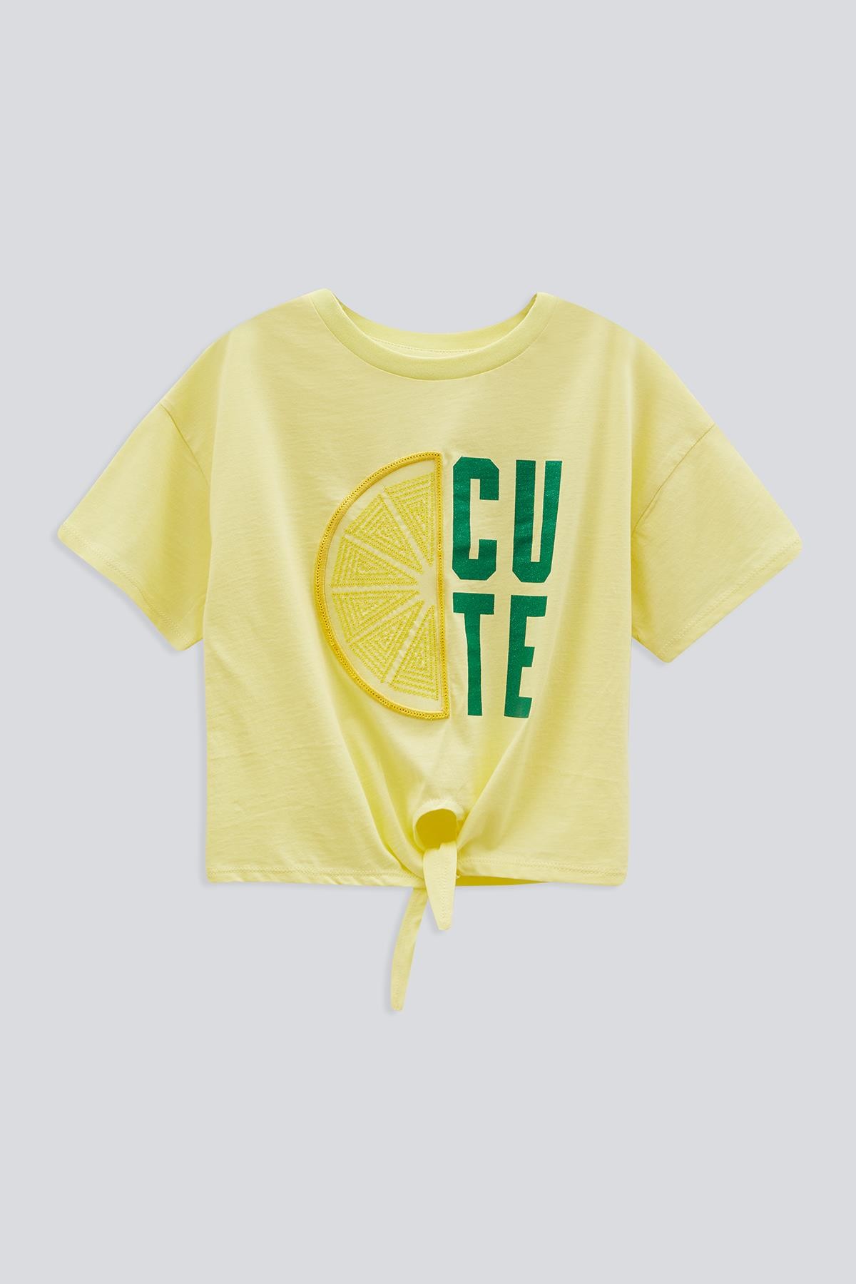 (Kids Girl) Meyve Nakışlı Düğümlü Crop Tshirt - SARI