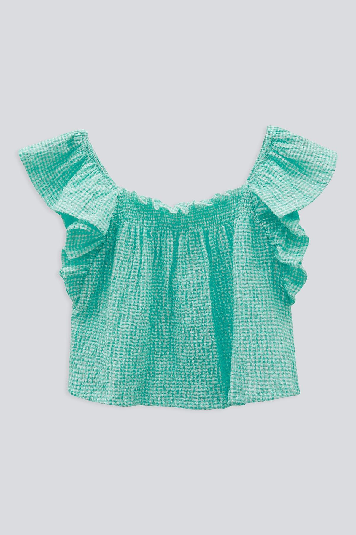 (Kids Girl) Mini Kareli Kol Fırfırlı Crop Top - AÇIK MAVİ