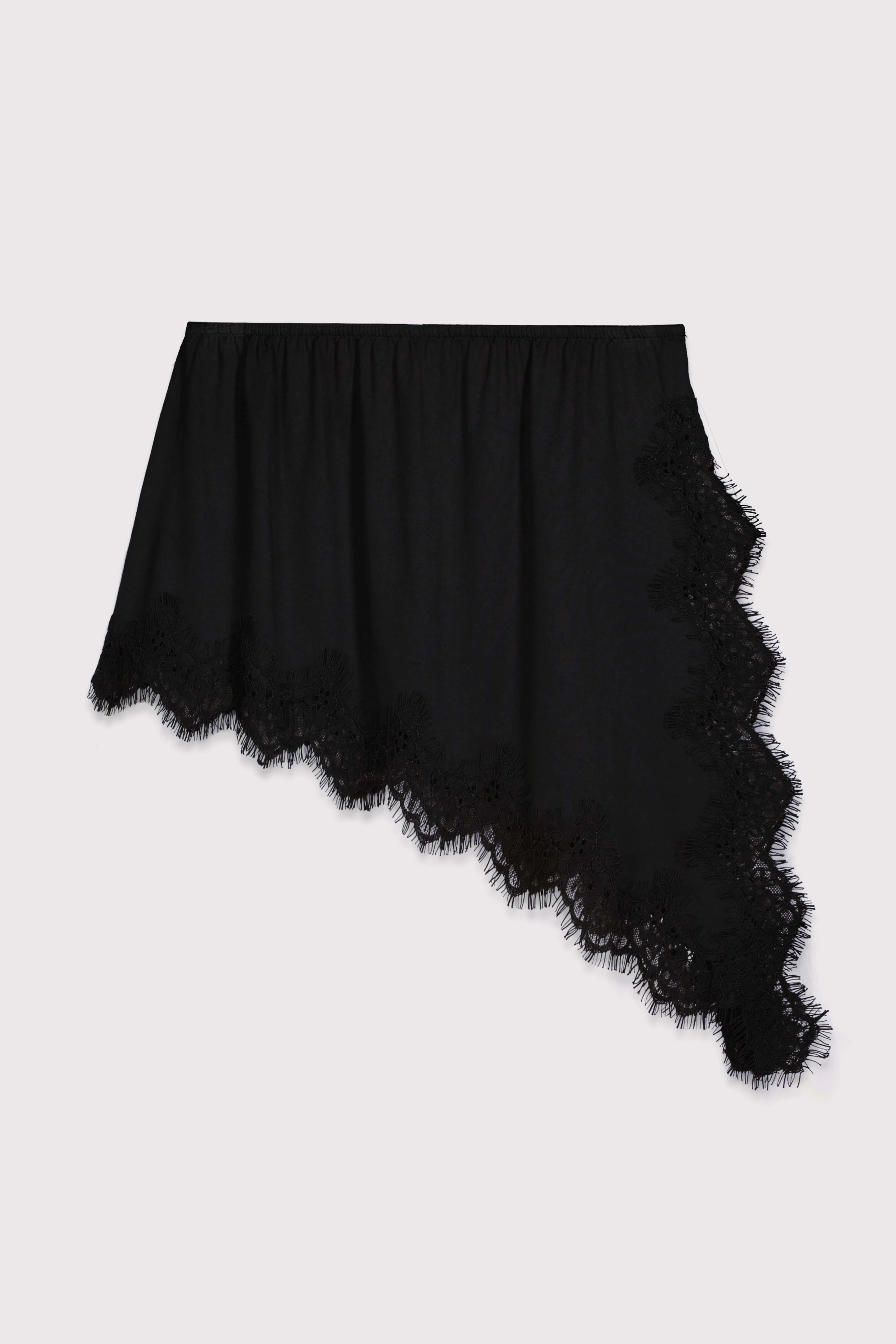 Dantelli Yan Yırtmaçlı Asimetrik Mini Jarse Etek - SİYAH