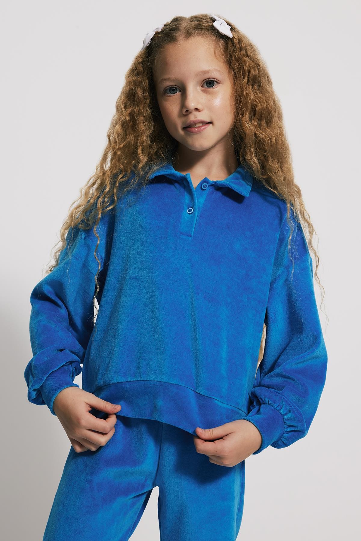 (Kids Girl) Polo Yaka Kadife Mavi Sweatshirt