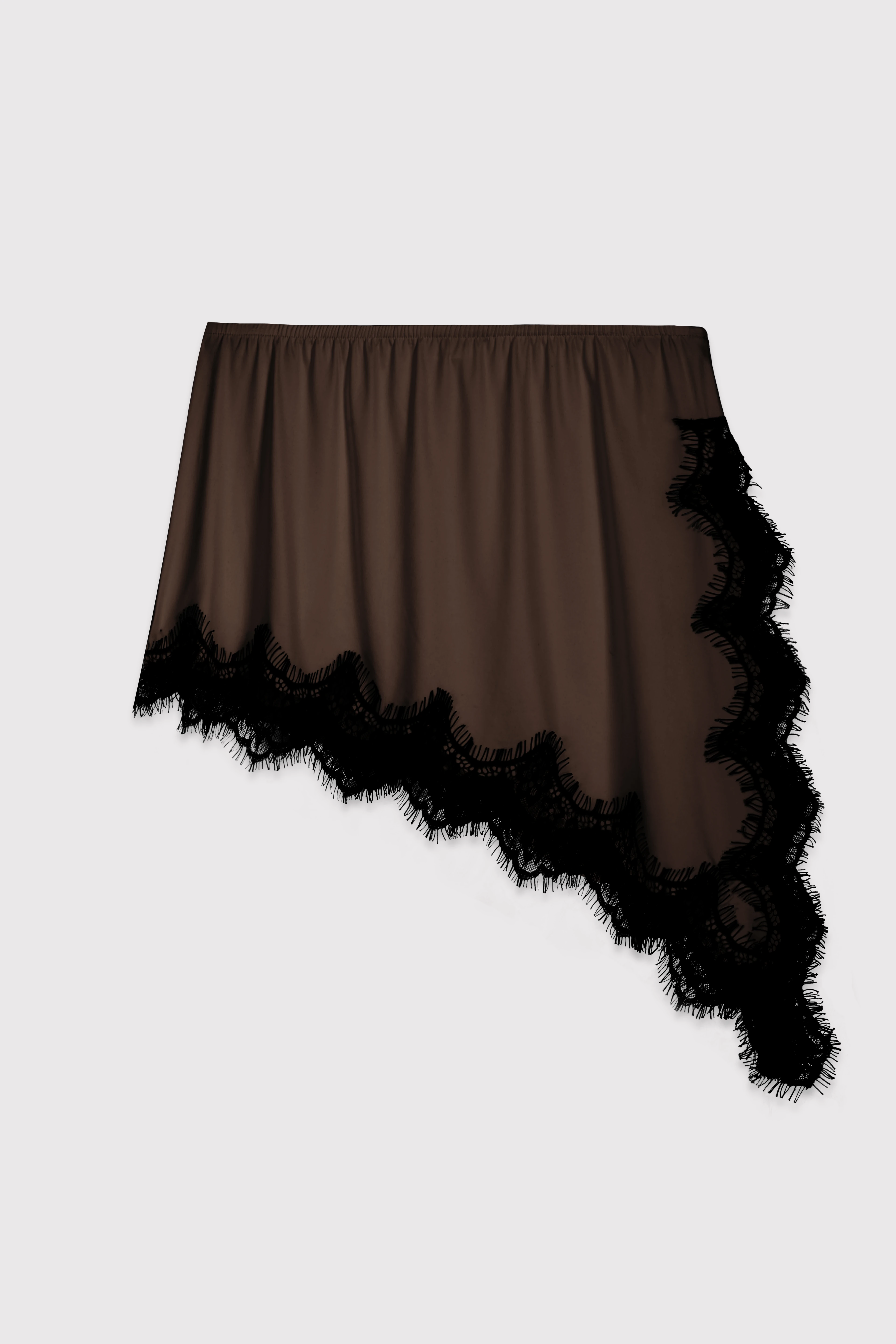 Dantelli Yan Yırtmaçlı Asimetrik Mini Jarse Etek - KAHVERENGİ