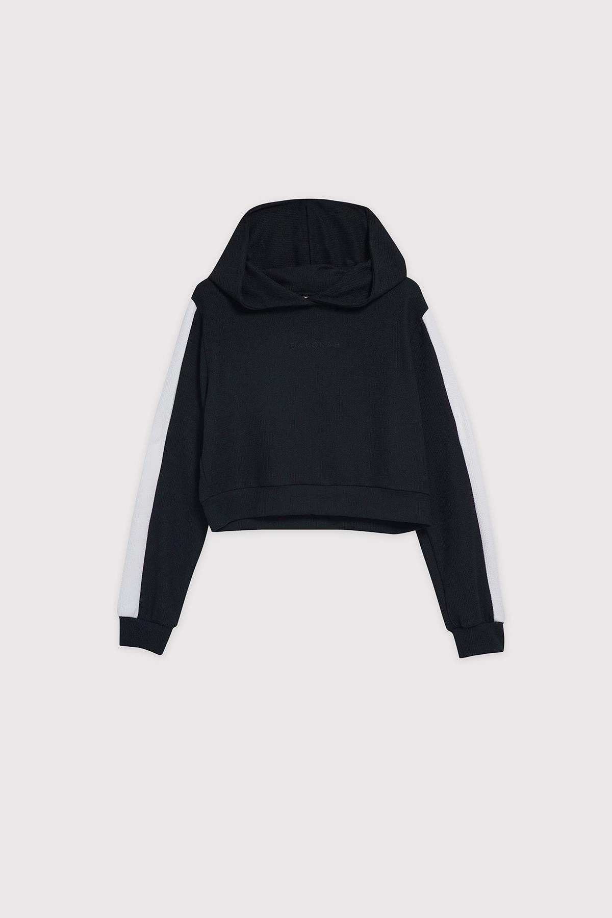 Kapüşonlu Dökümlü Crop Sweatshirt - SİYAH BEYAZ