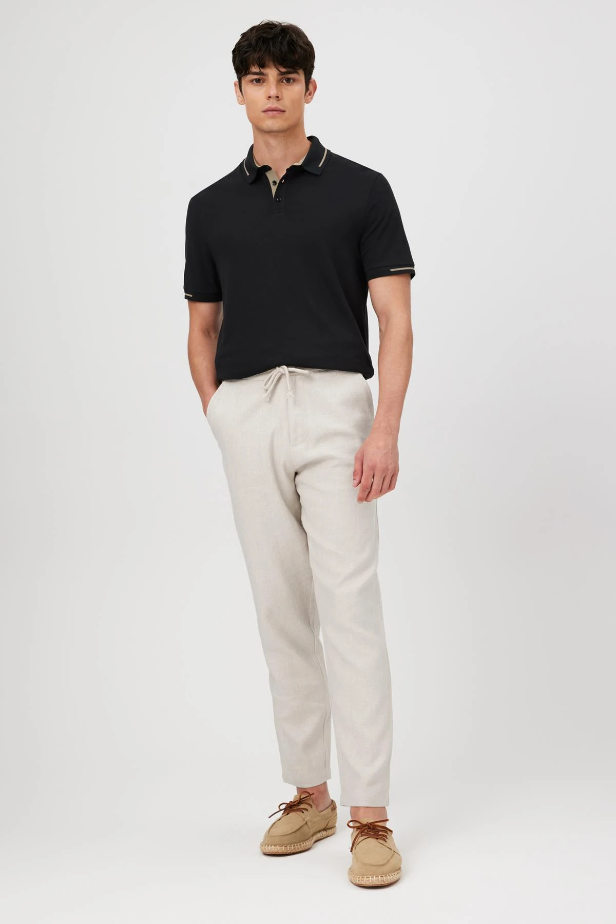 Çizgili Triko Yaka Kısa Kol Polo - SİYAH