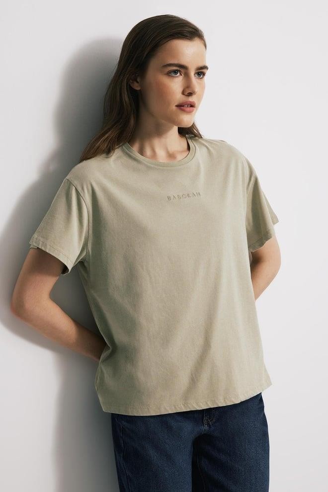 Yıkama Efektli Comfort Fit Kadın Tshirt - SOLUK HAKİ