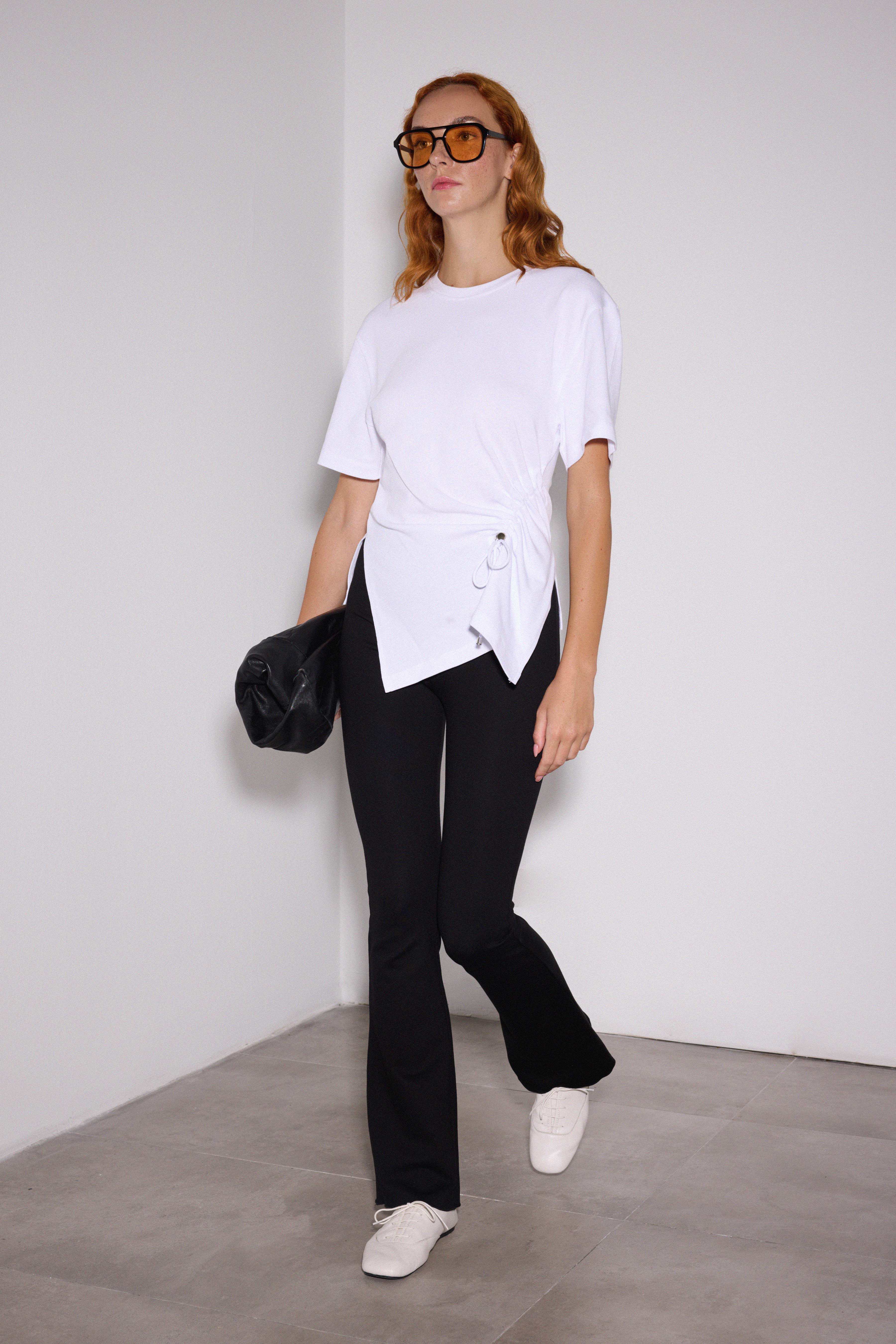 Drapeli Asimetrik Tshirt - BEYAZ