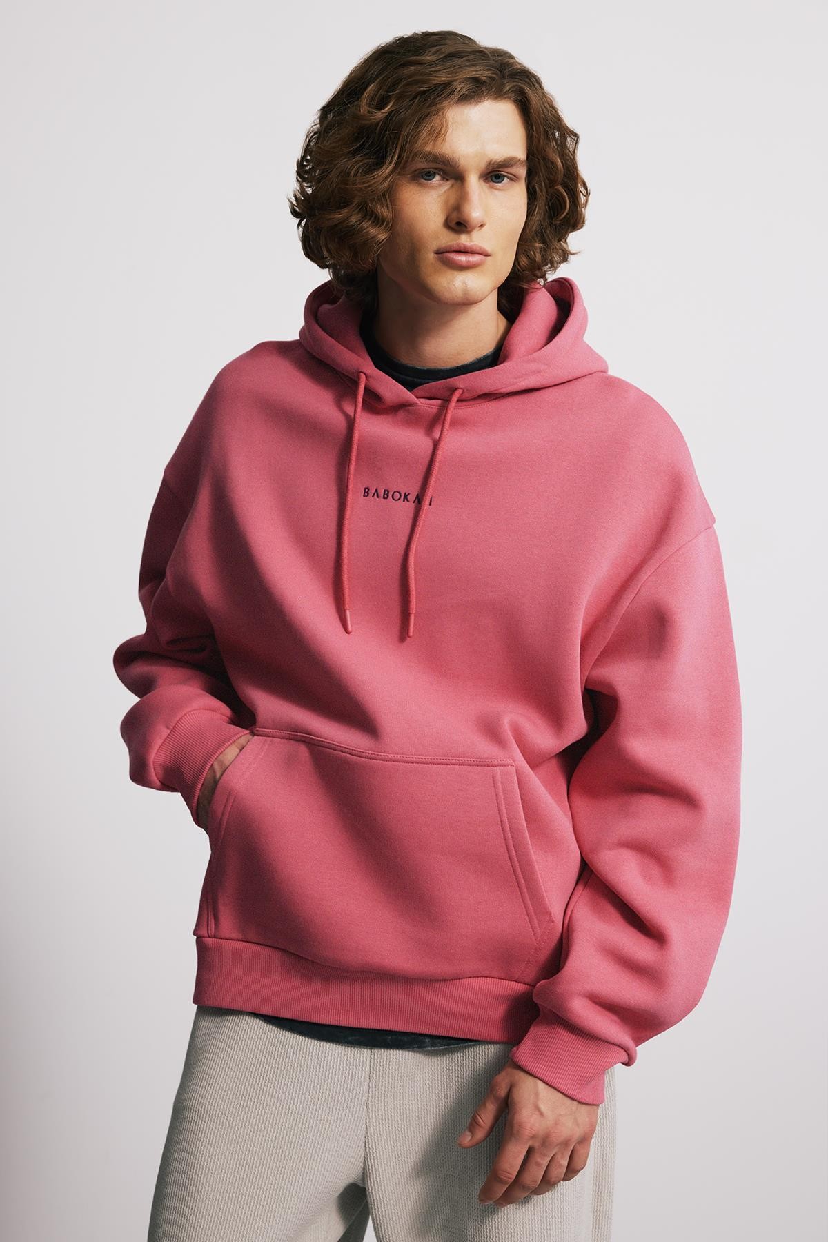 Erkek Kapüşonlu Oversize Fit Unisex Sweatshirt - PEMBE