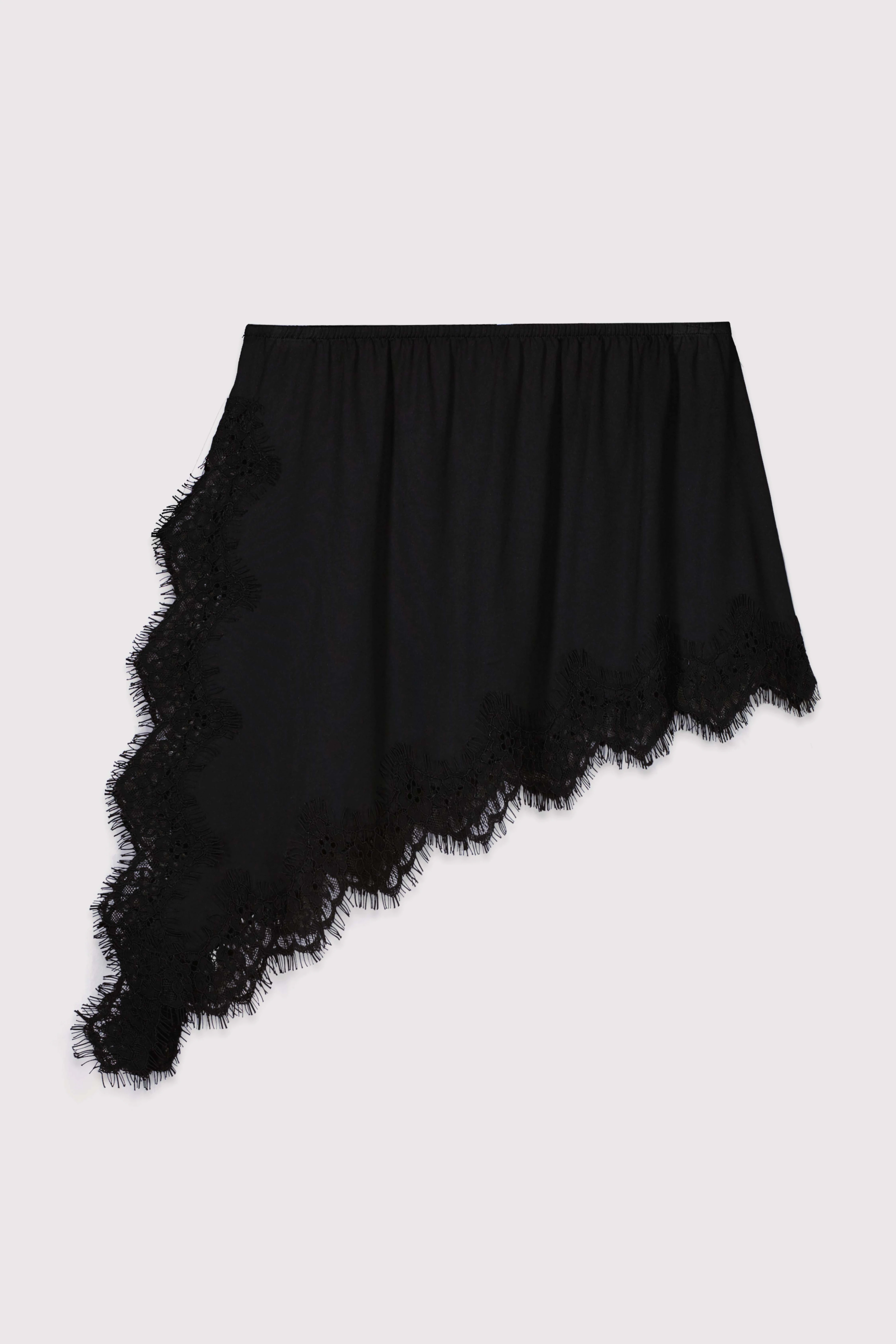 Dantelli Yan Yırtmaçlı Asimetrik Mini Jarse Etek - SİYAH