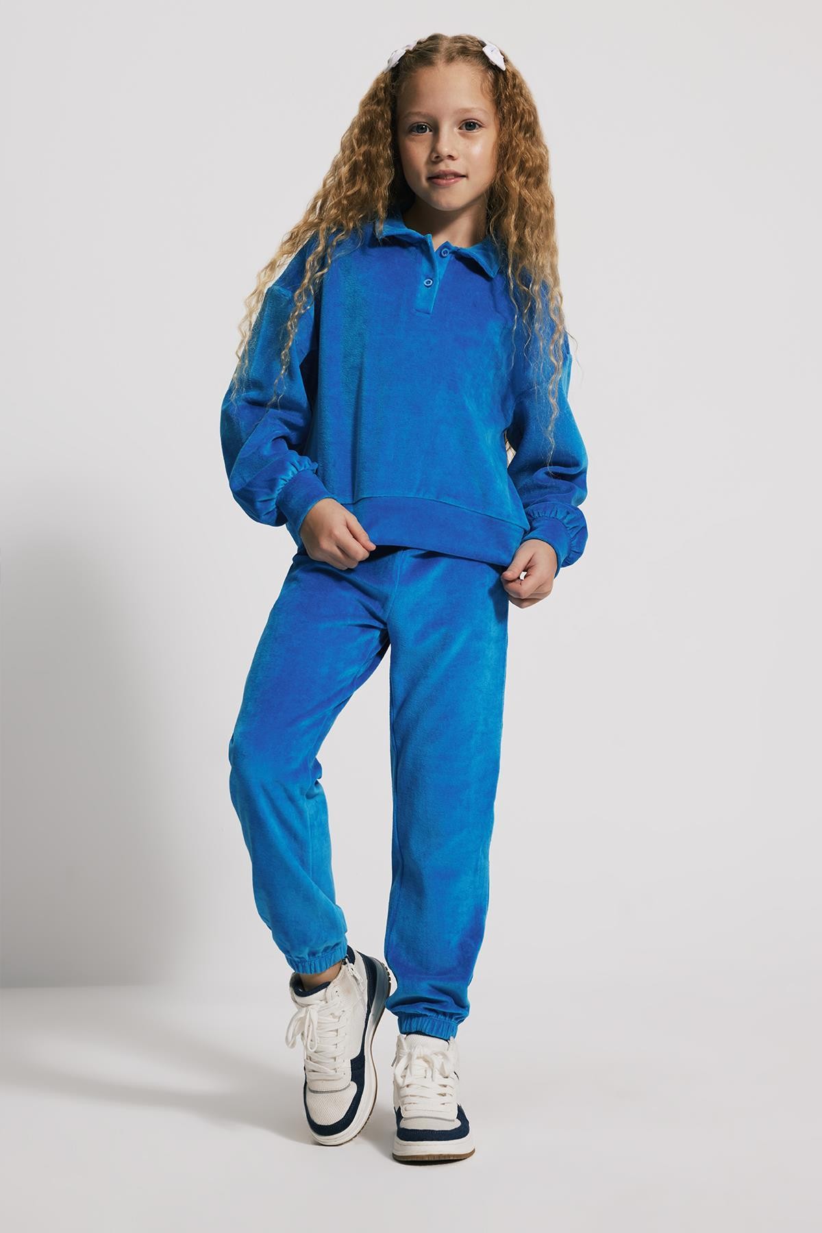(Kids Girl) Polo Yaka Kadife Mavi Sweatshirt - MAVİ