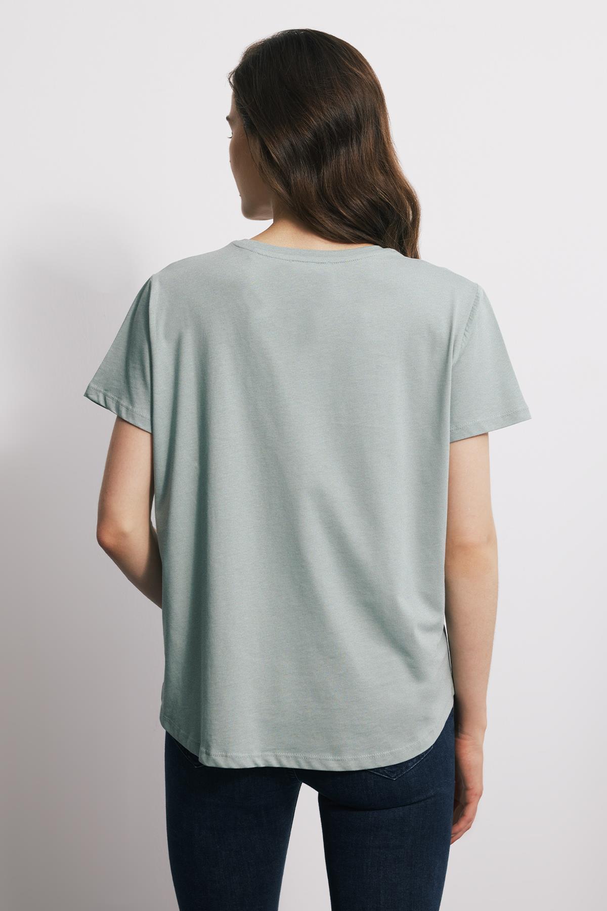 Kısa Kollu Asimetrik Kadın Tshirt - KÜF YEŞİLİ