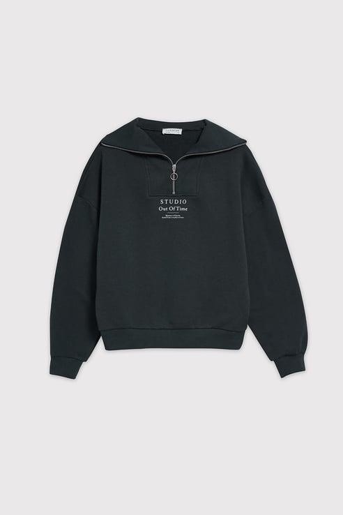 Dik Yaka Fermuarlı Koyu Gri Sweatshirt