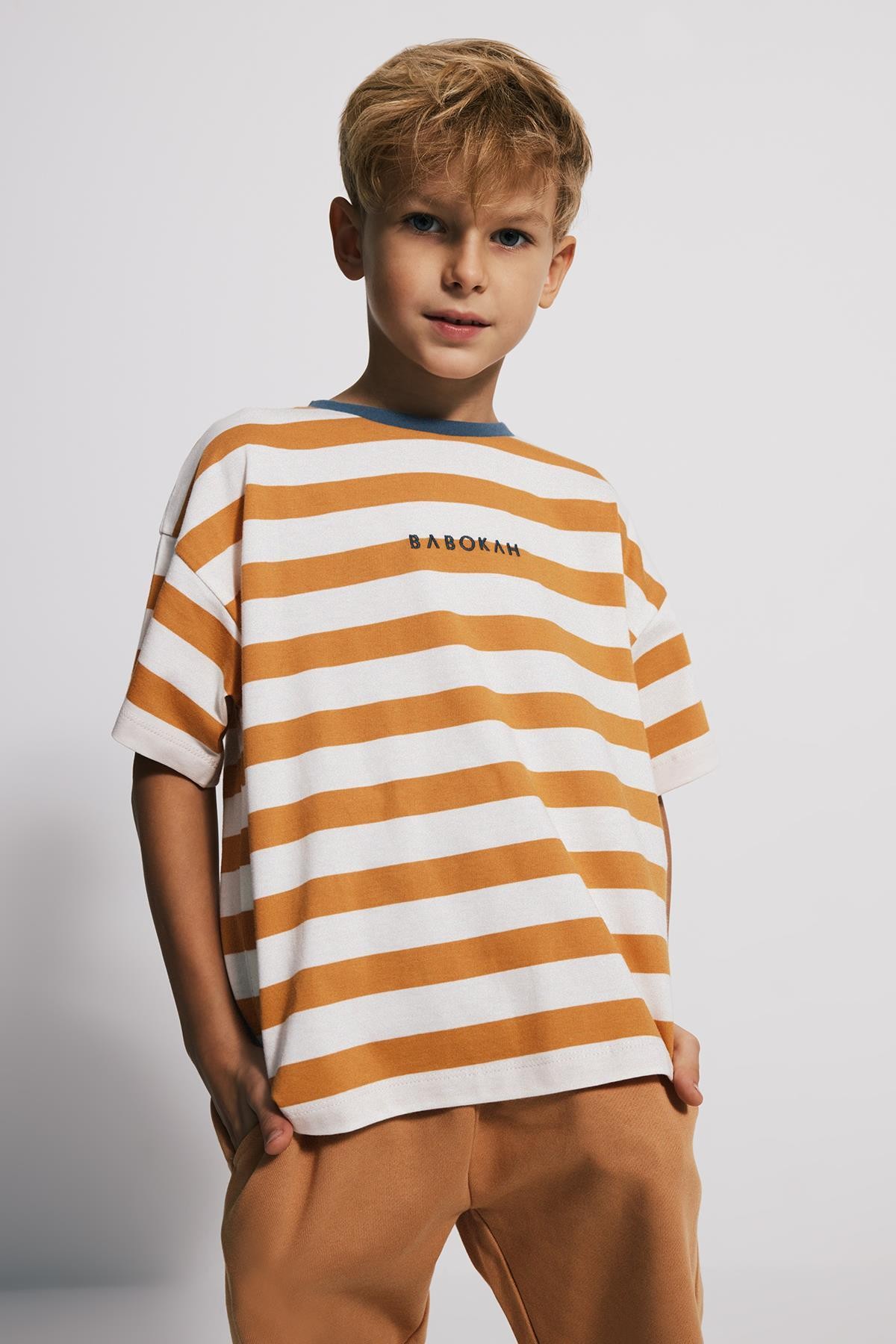 (Kids Boy) Oversize fit Çizgili T-shirt	 - TURUNCU BEYAZ ÇİZGİL