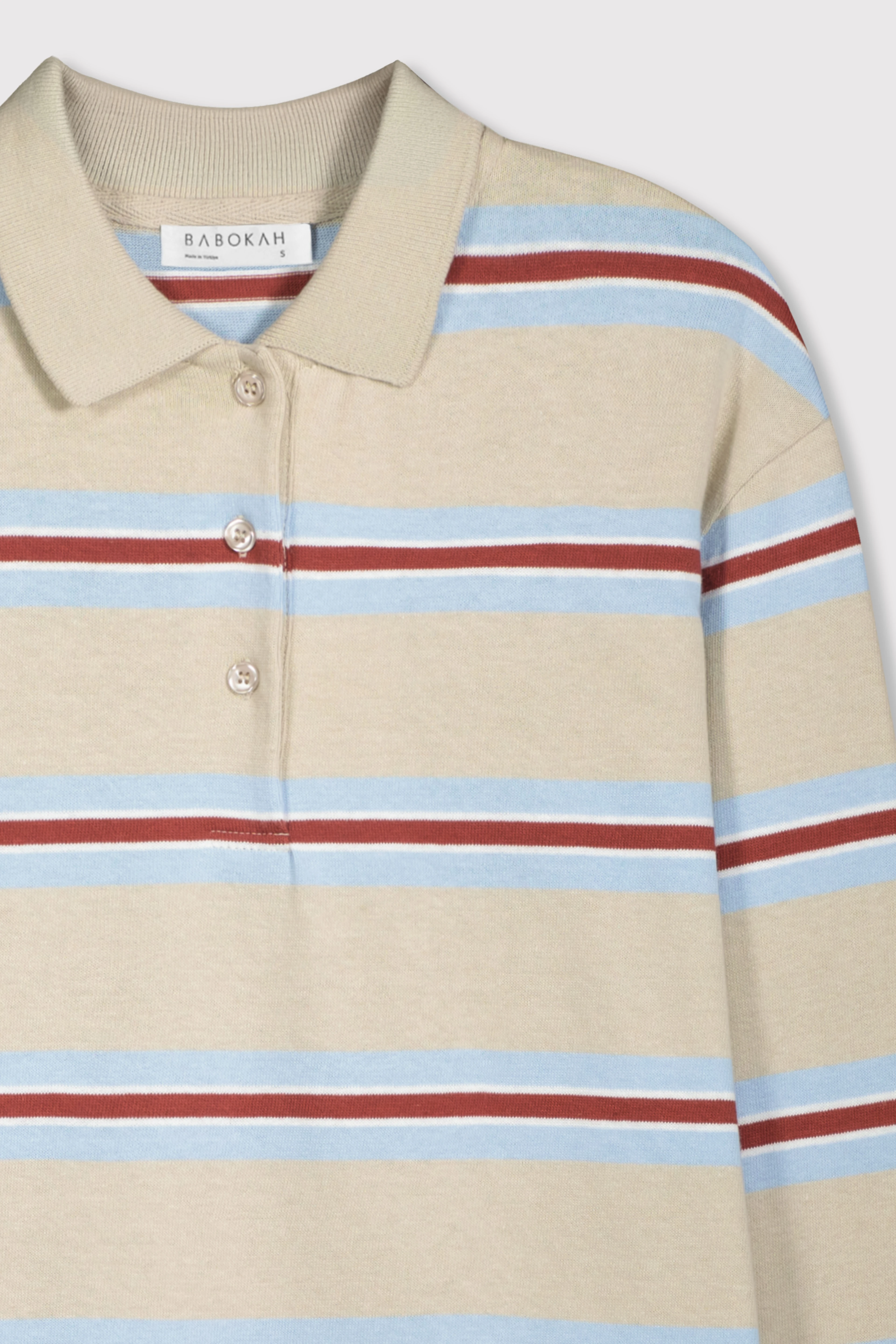Çizgili Rugby Polo Uzun Kol Tshirt - BEJ ÇİZGİLİ